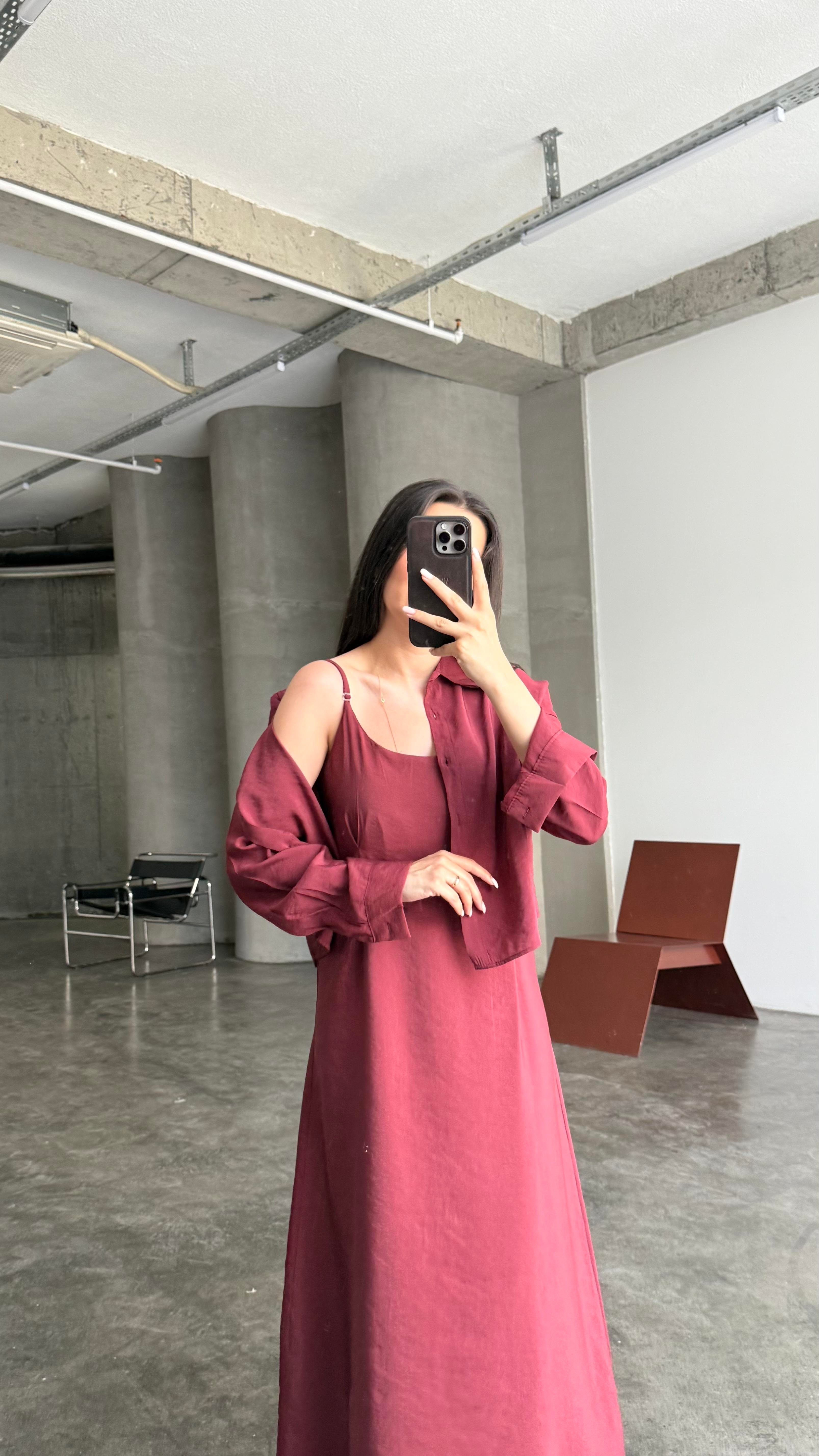 Bordo Gömlekli İp Askılı Elbise Tensel Takım