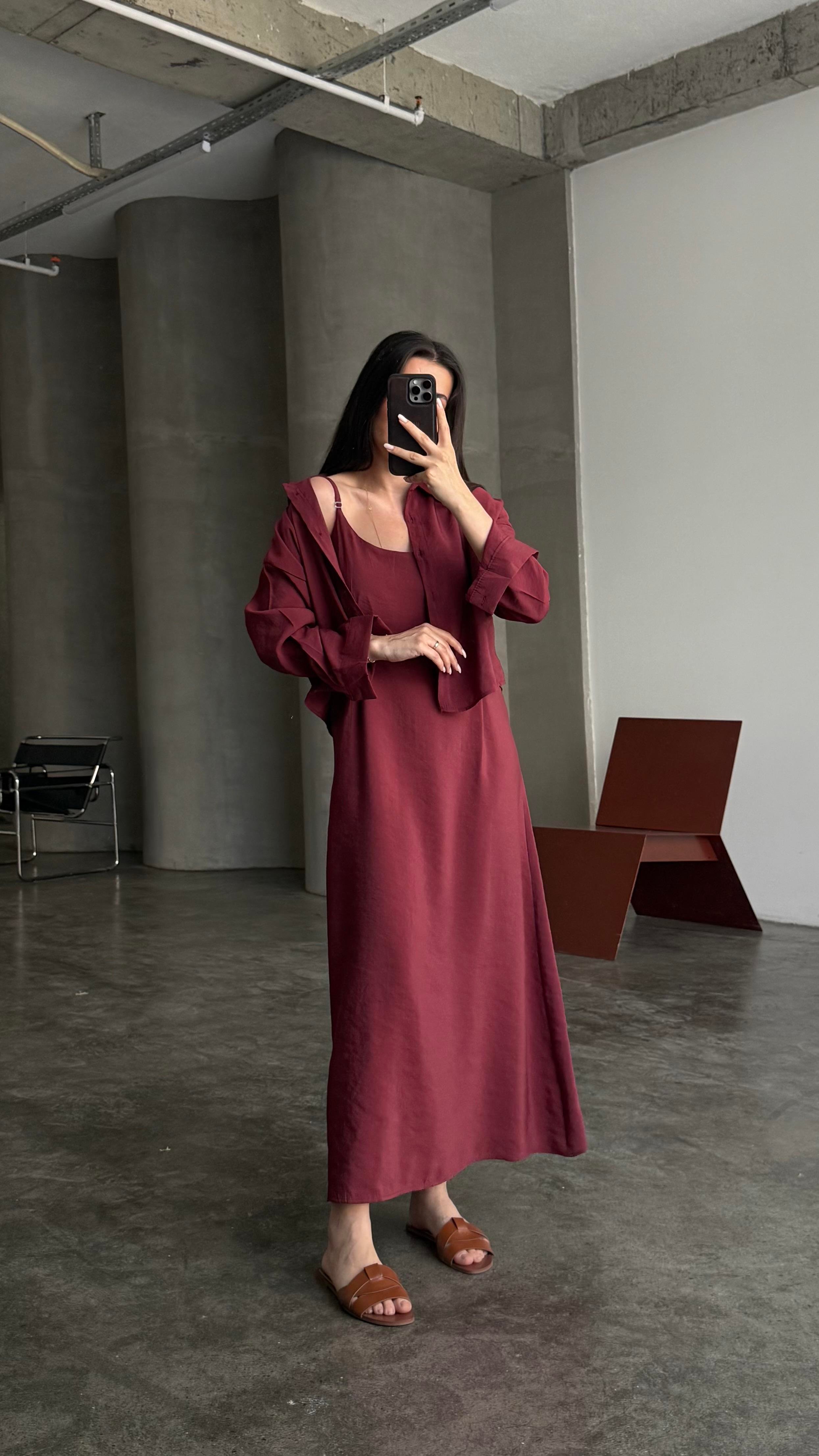 Bordo Gömlekli İp Askılı Elbise Tensel Takım