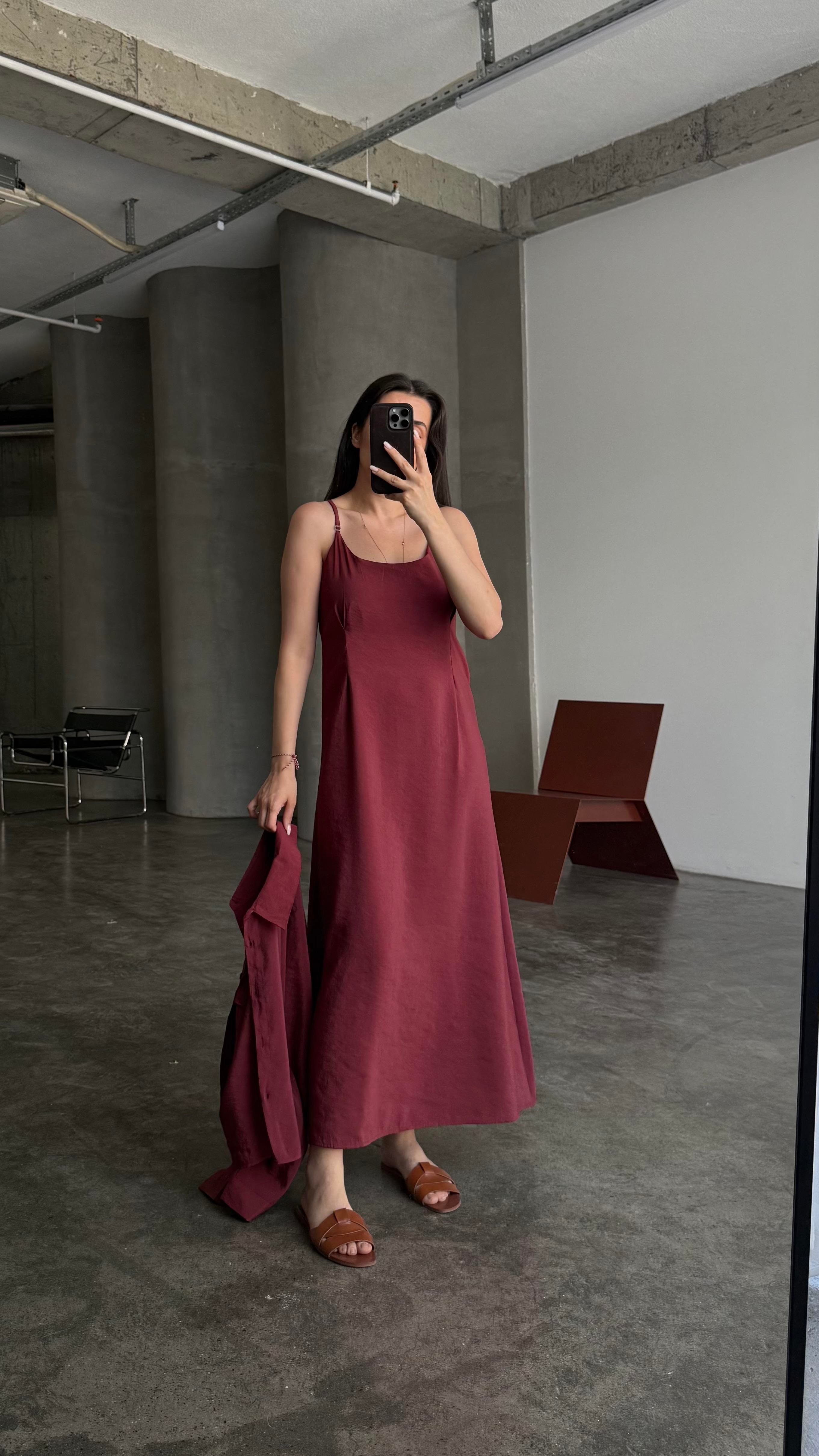 Bordo Gömlekli İp Askılı Elbise Tensel Takım