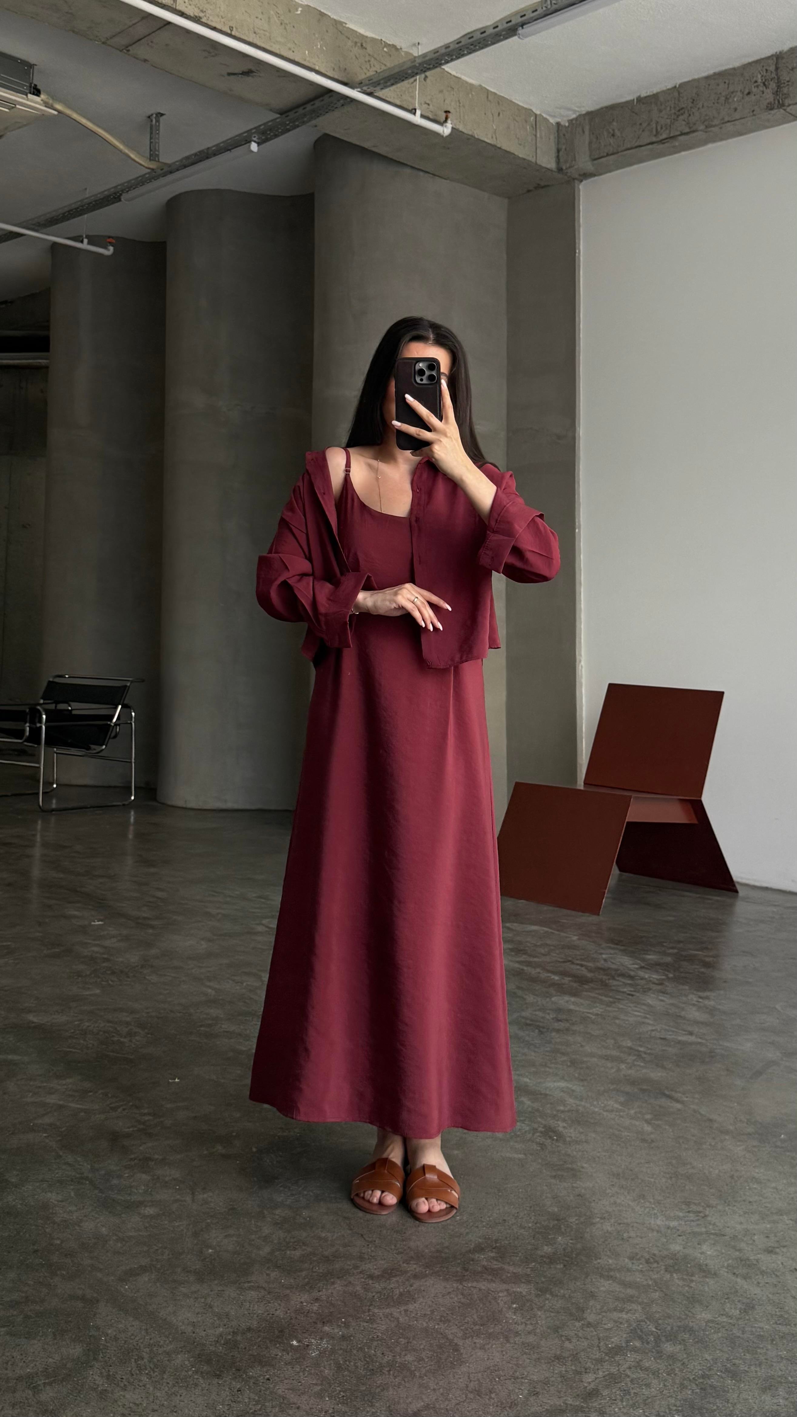 Bordo Gömlekli İp Askılı Elbise Tensel Takım