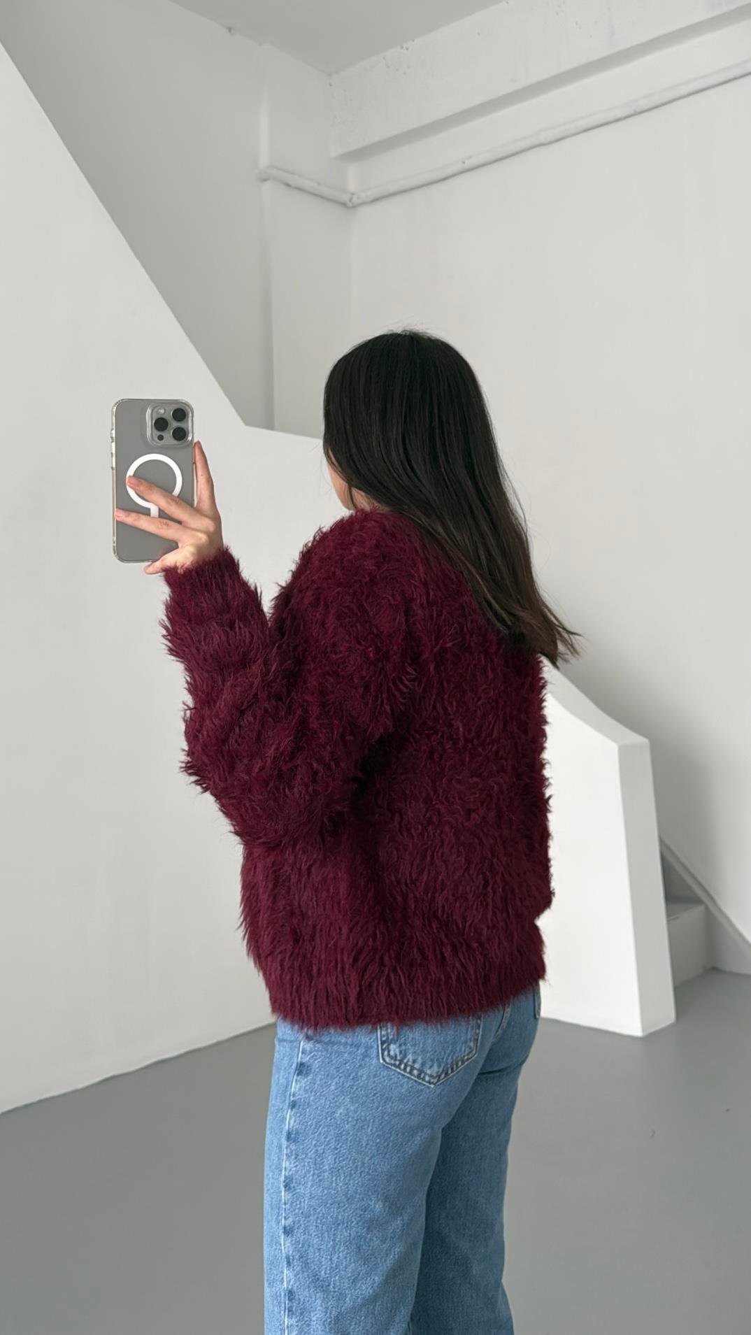 Bordo Kalp Düğme Detaylı Sakallı Örme Hırka