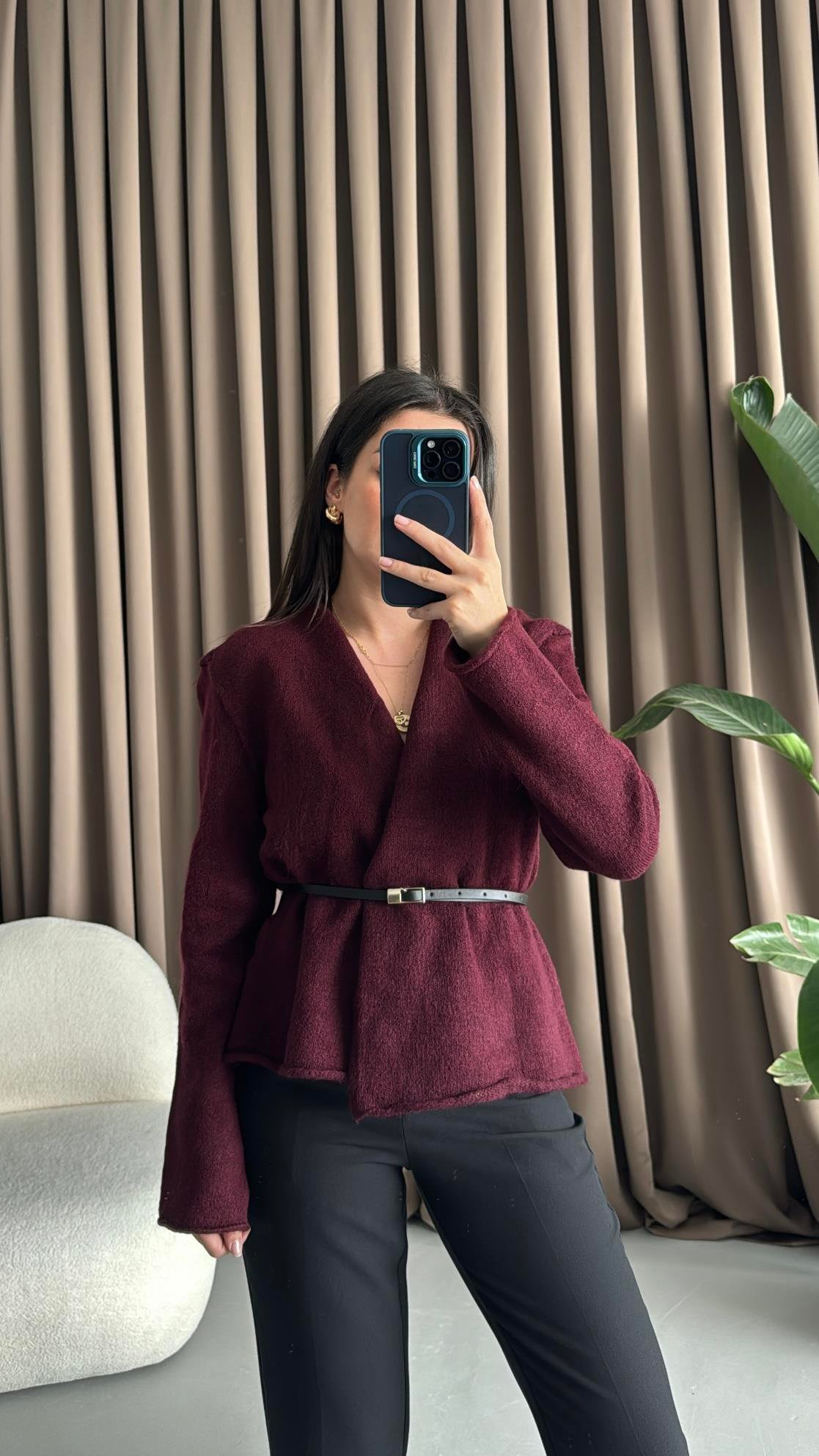 Bordo Kemerli Triko Ceket