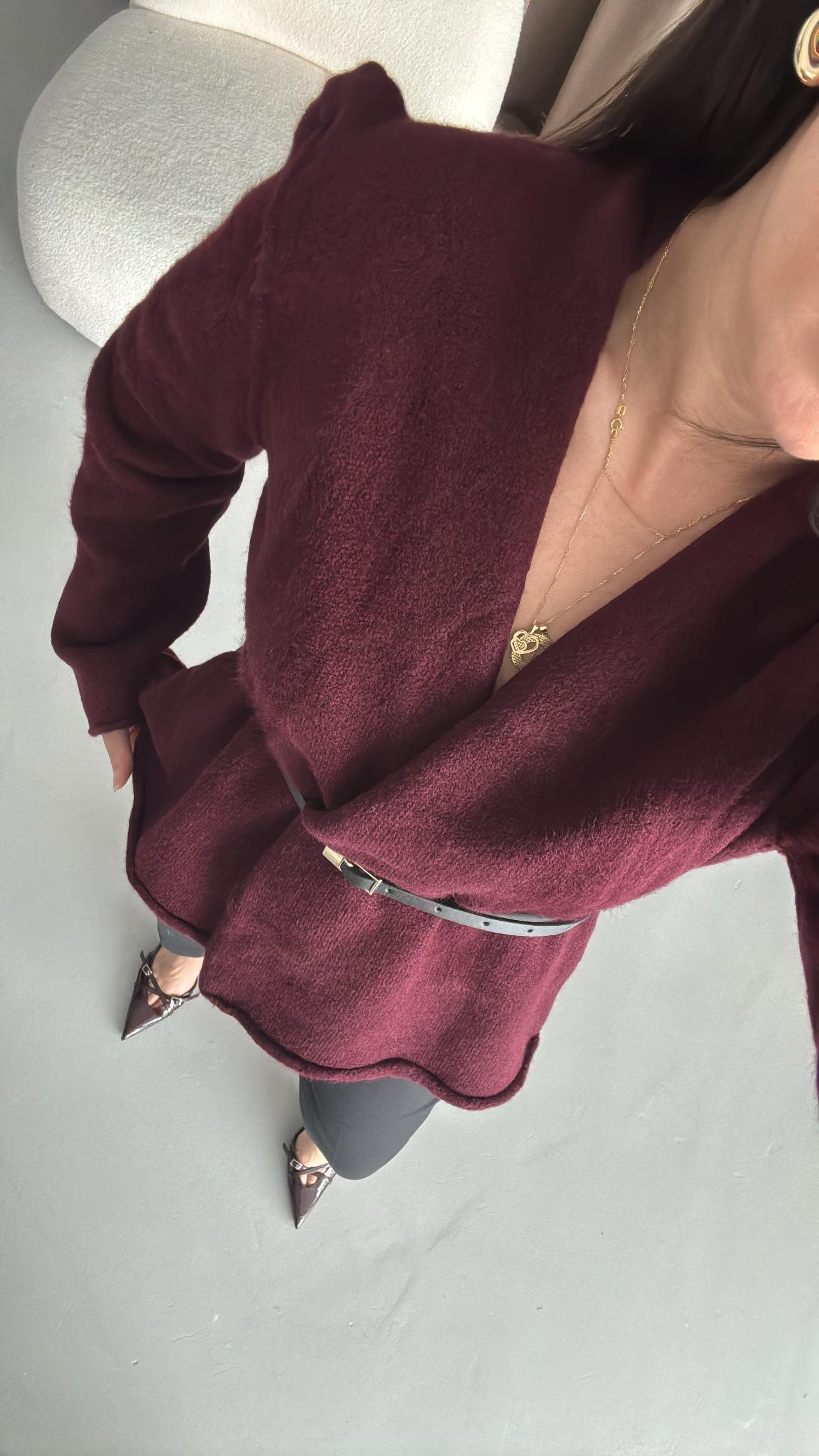 Bordo Kemerli Triko Ceket