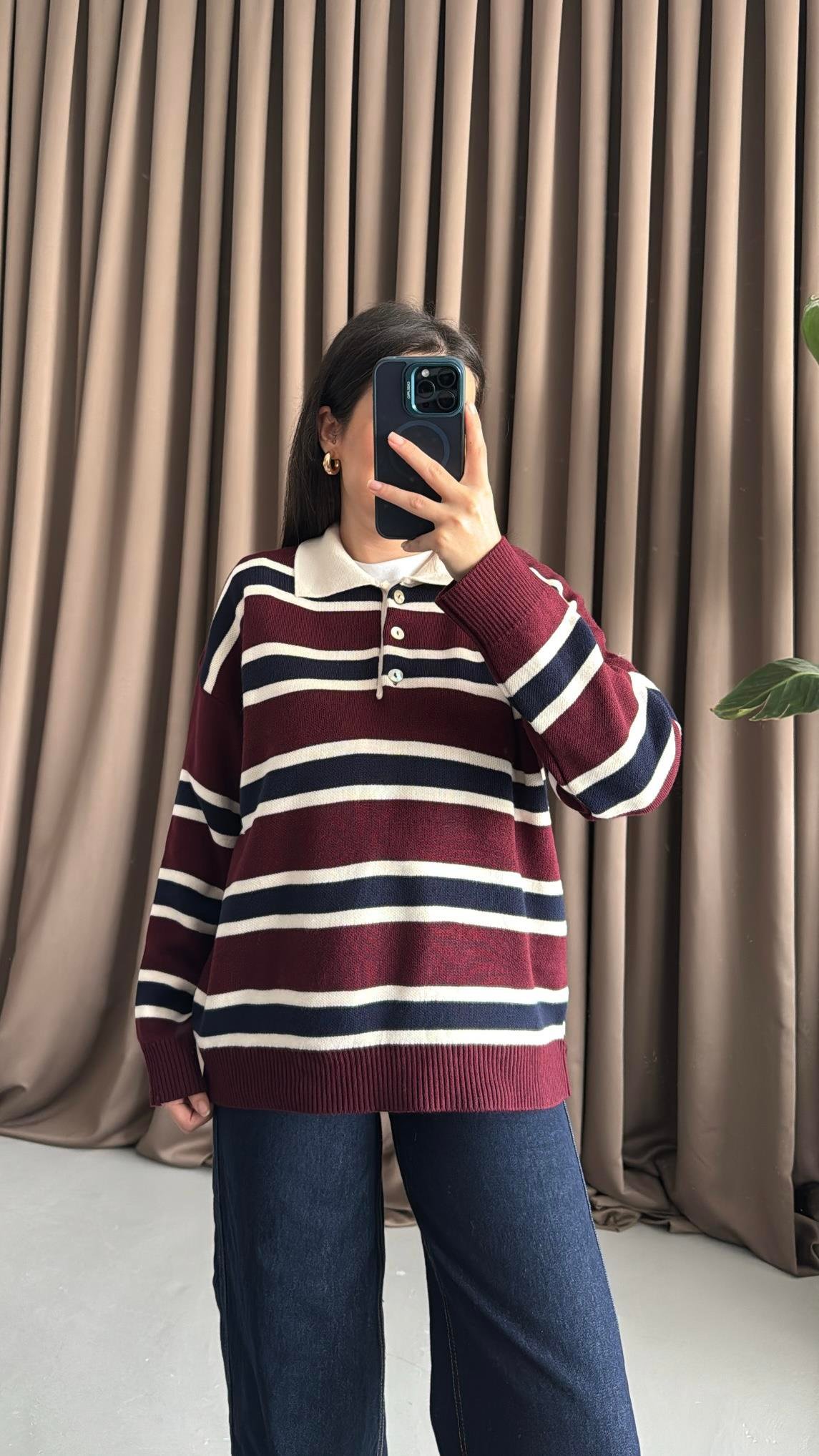 Bordo Laci Polo Yaka Çelik Örme Triko Kazak