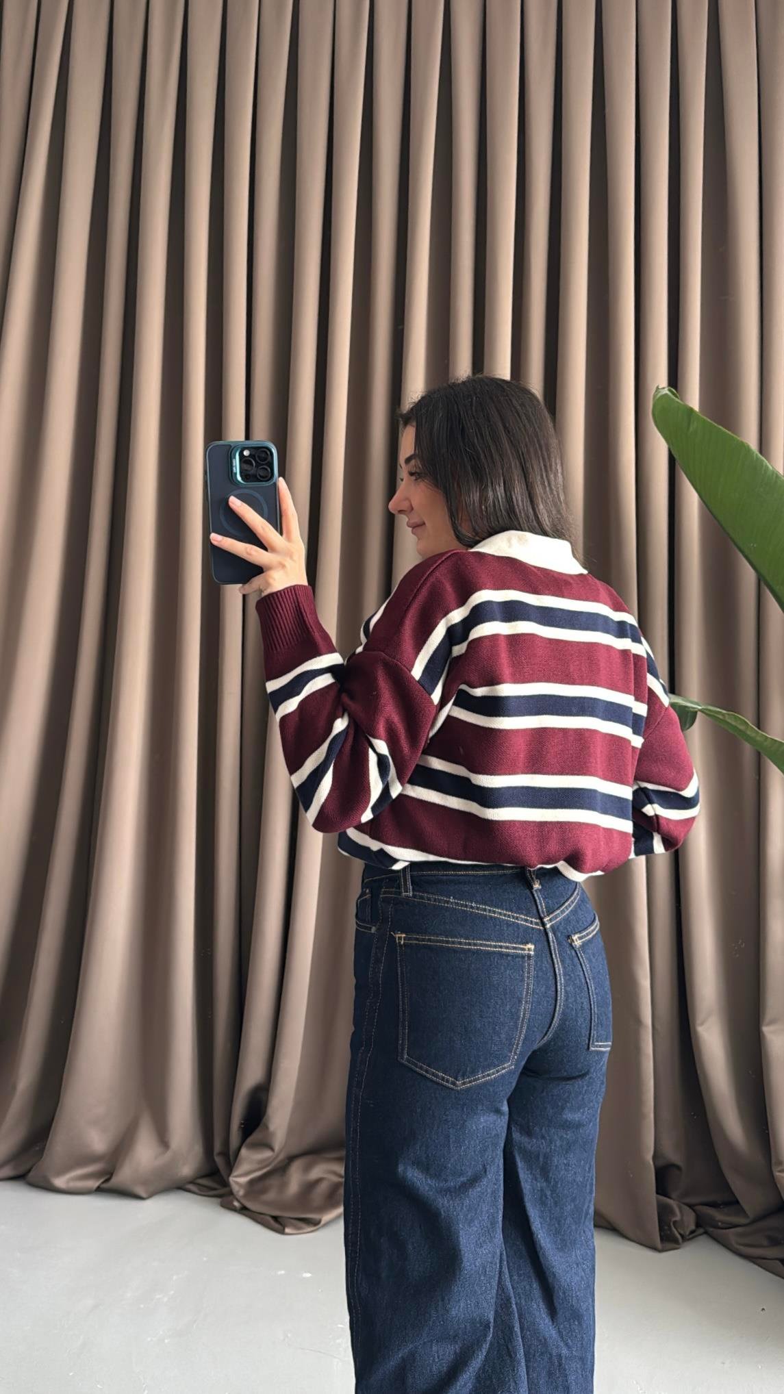 Bordo Laci Polo Yaka Çelik Örme Triko Kazak