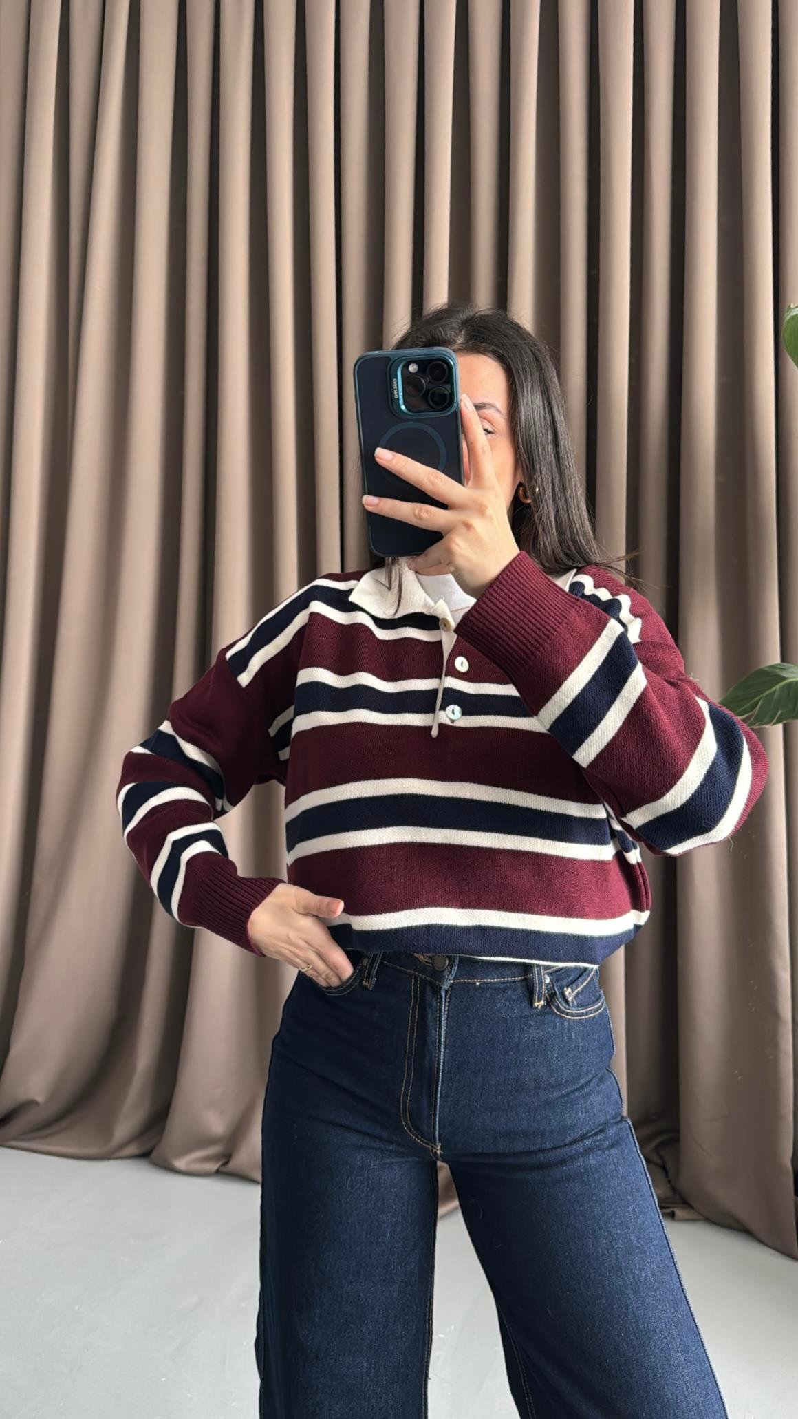 Bordo Laci Polo Yaka Çelik Örme Triko Kazak