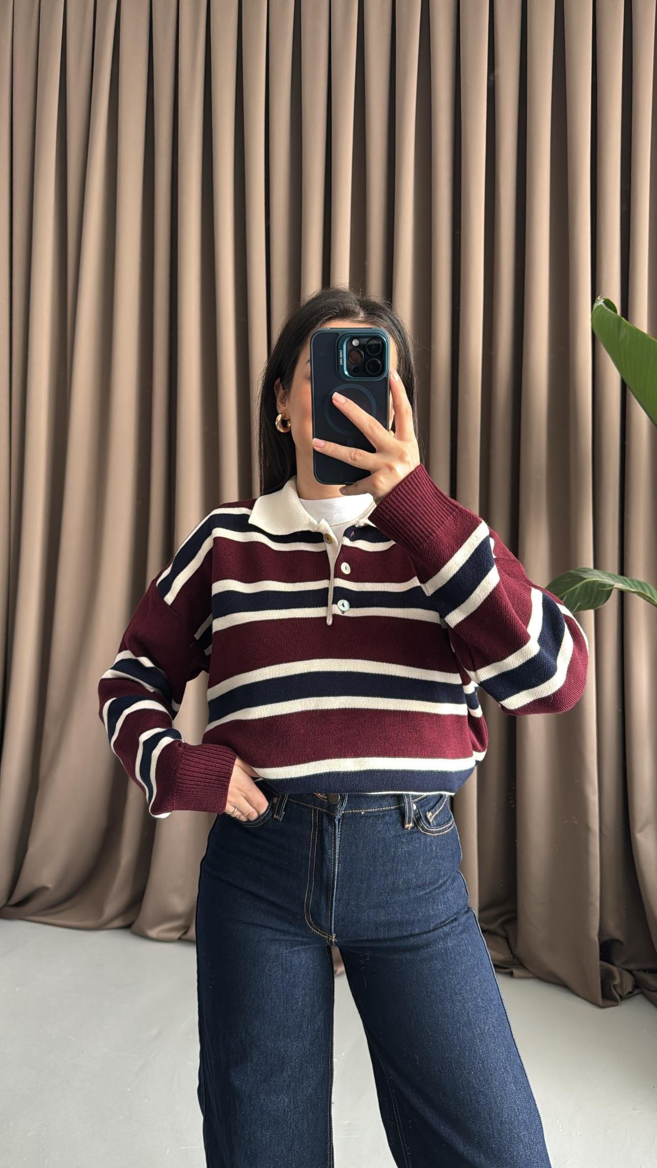 Bordo Laci Polo Yaka Çelik Örme Triko Kazak