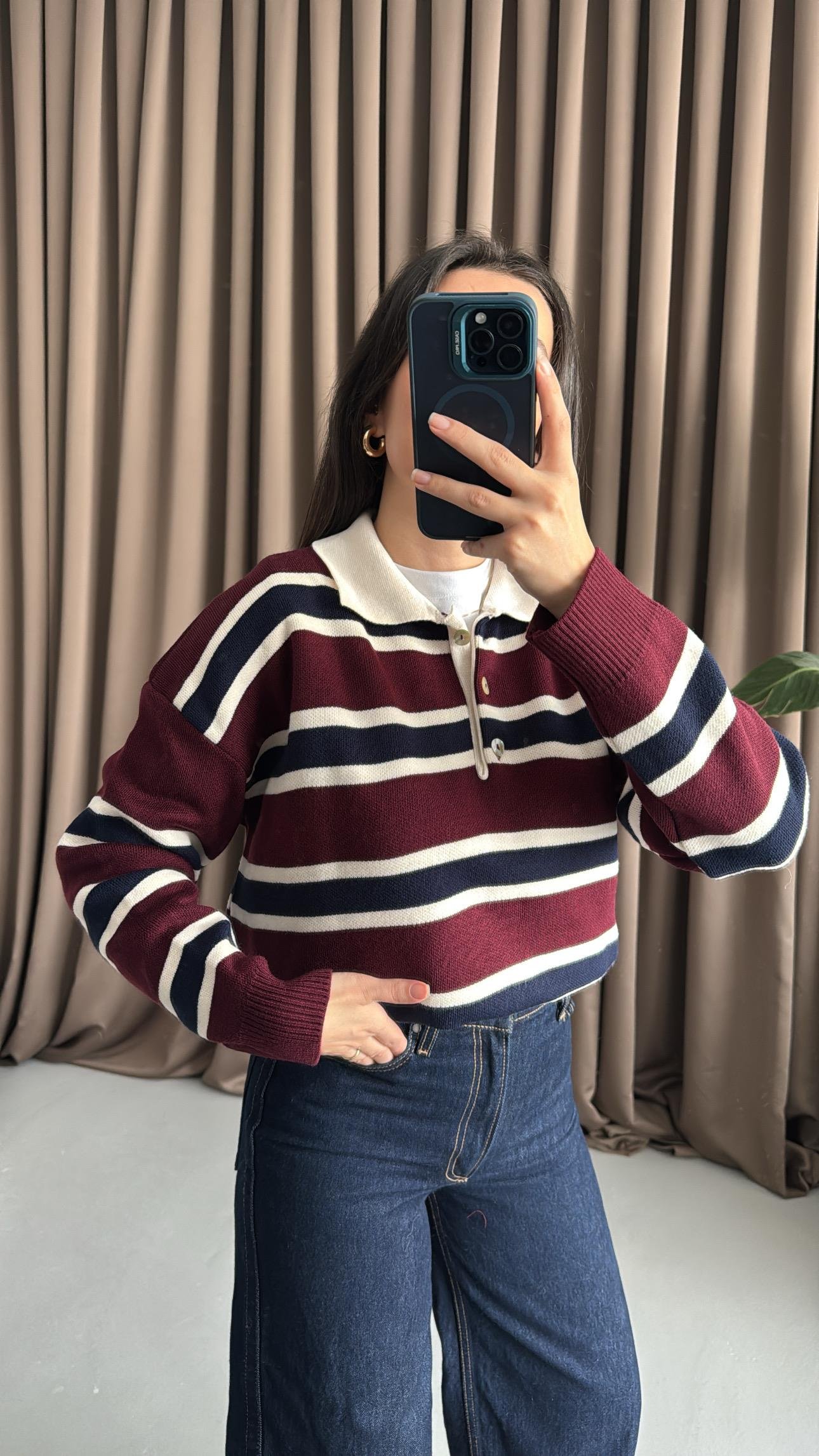 Bordo Laci Polo Yaka Çelik Örme Triko Kazak