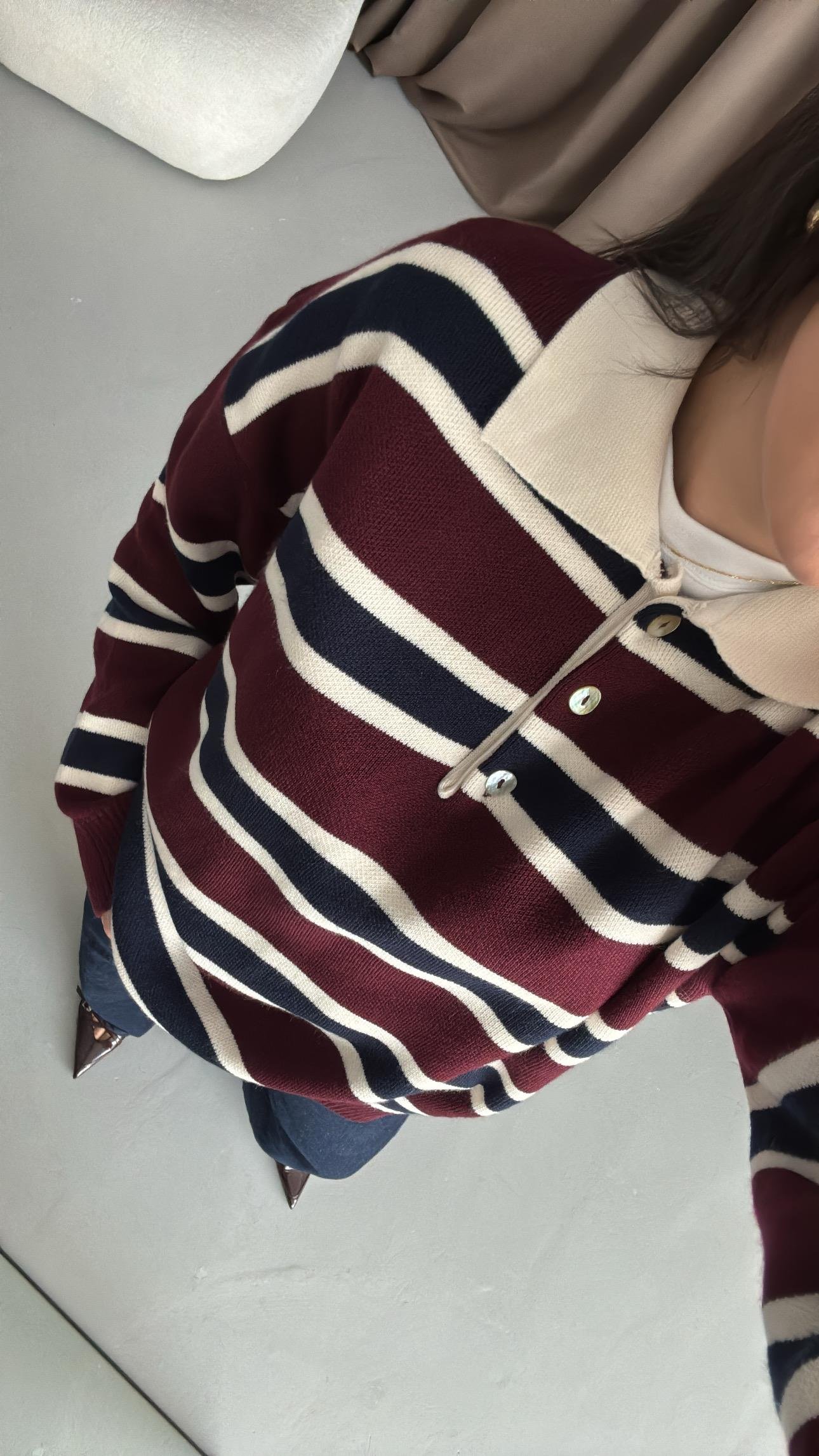 Bordo Laci Polo Yaka Çelik Örme Triko Kazak