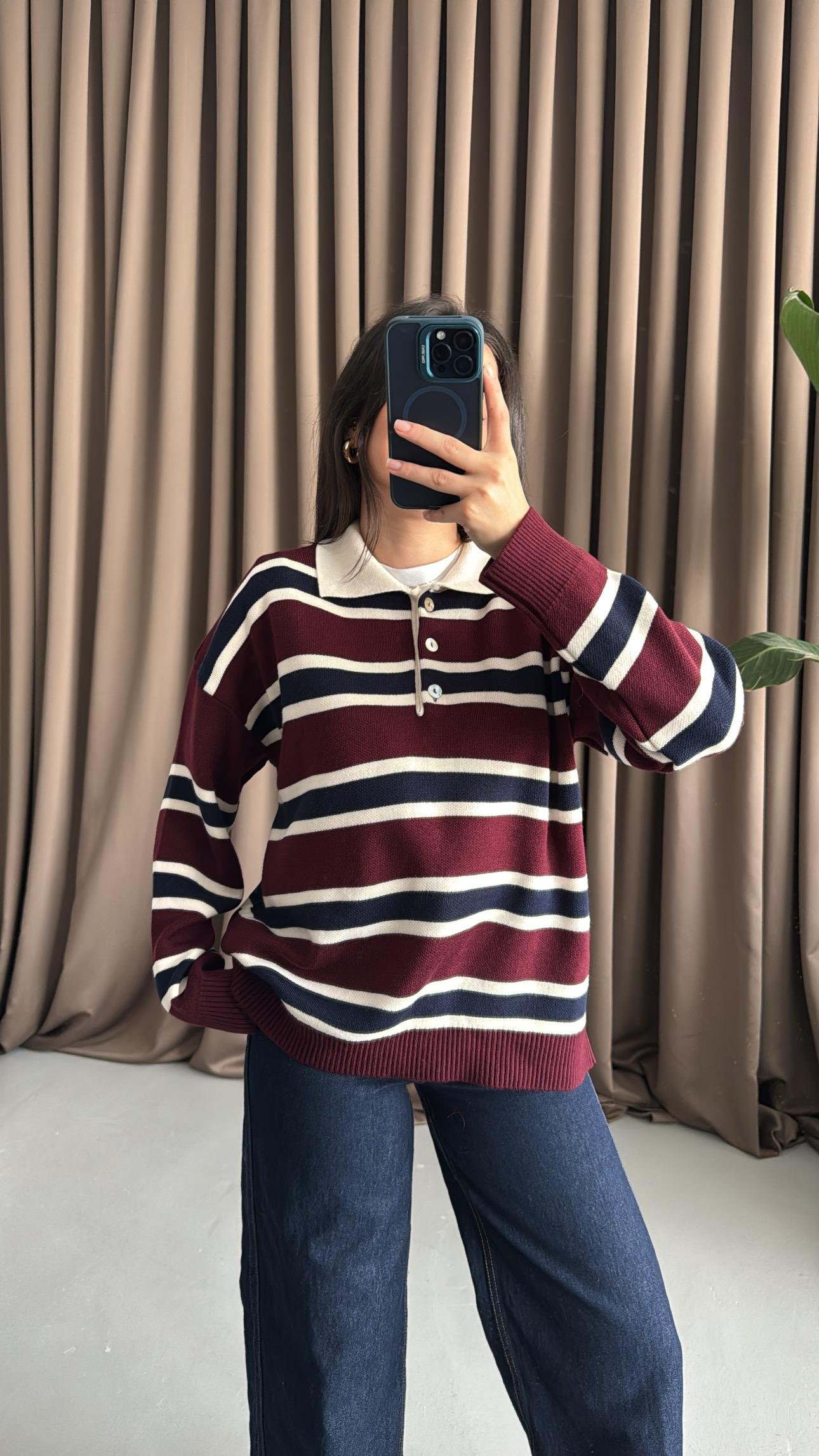 Bordo Laci Polo Yaka Çelik Örme Triko Kazak