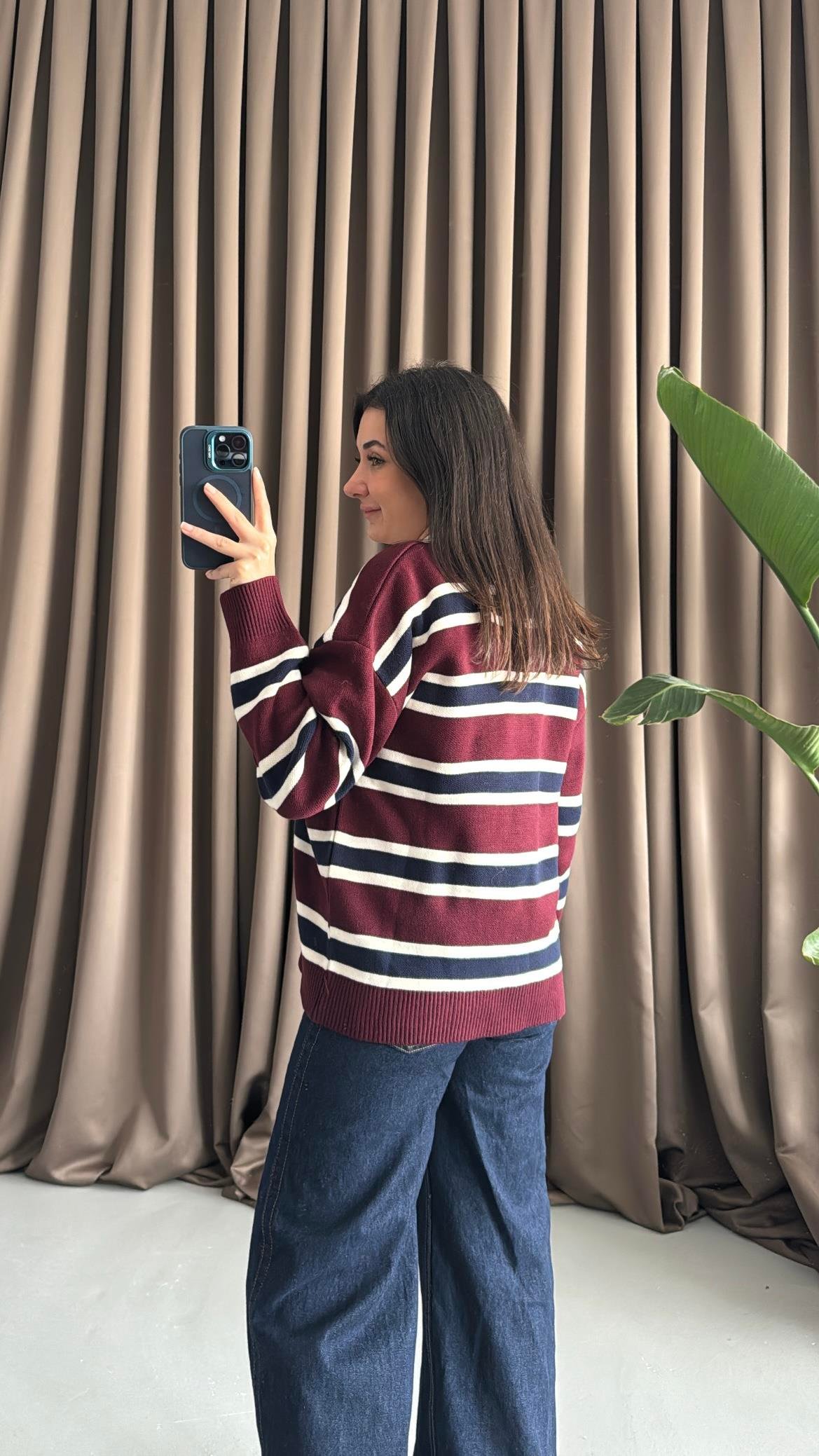 Bordo Laci Polo Yaka Çelik Örme Triko Kazak