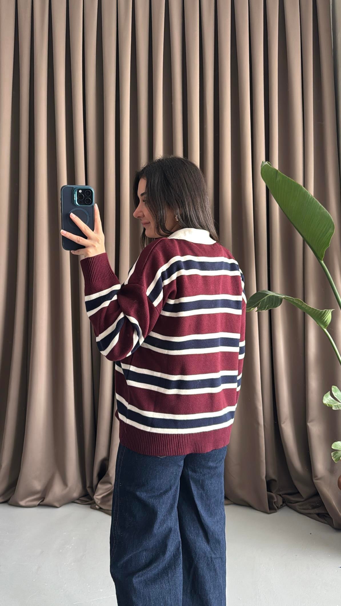 Bordo Laci Polo Yaka Çelik Örme Triko Kazak