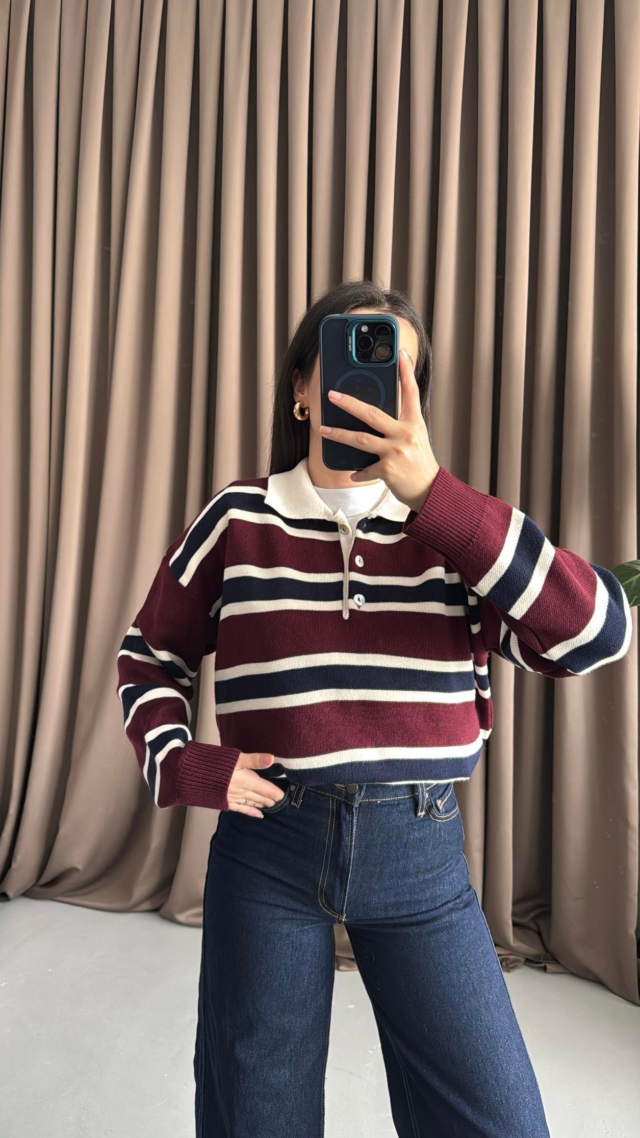 Bordo Laci Polo Yaka Çelik Örme Triko Kazak