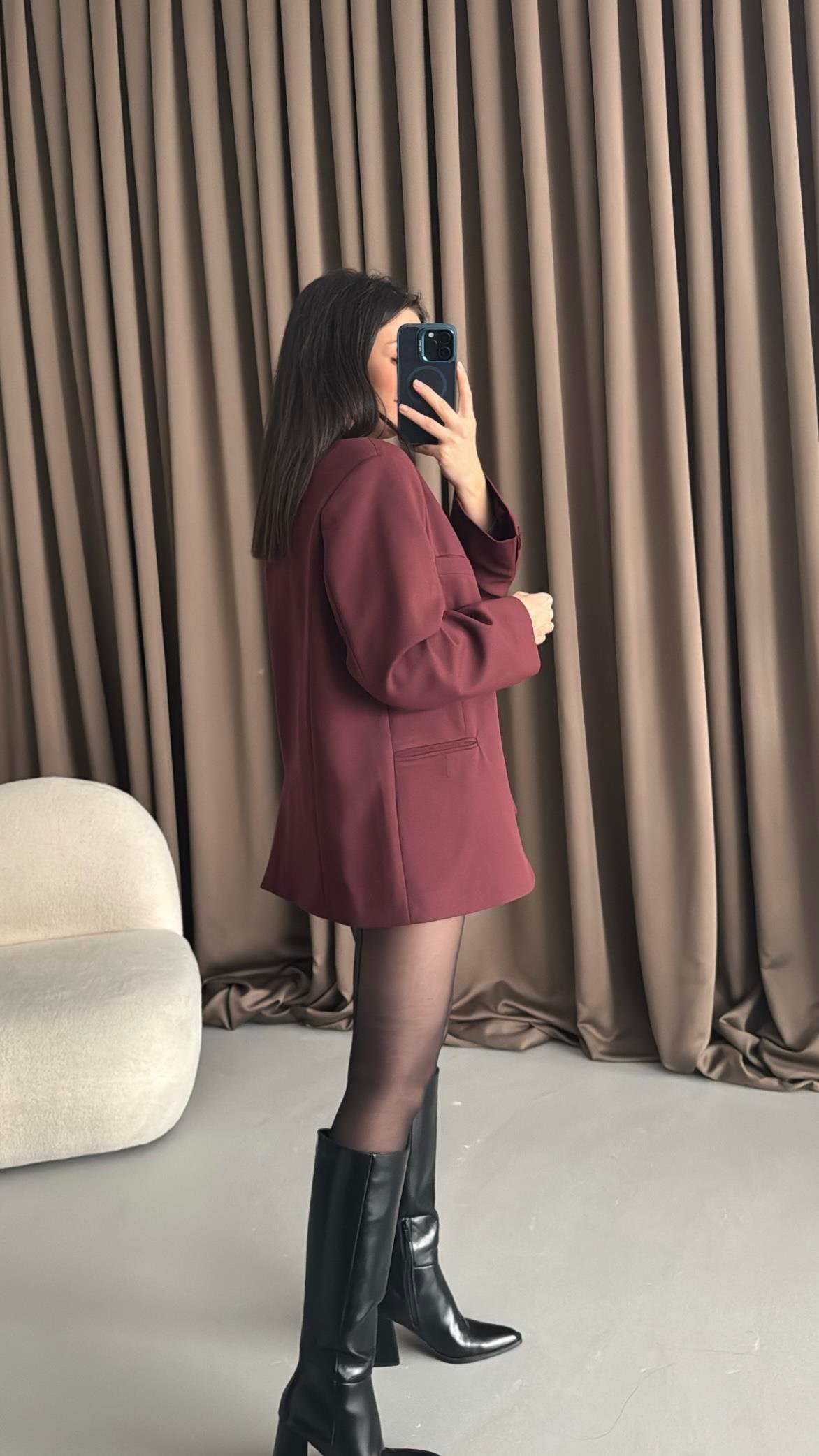 Bordo Oversıze Blazer Ceket