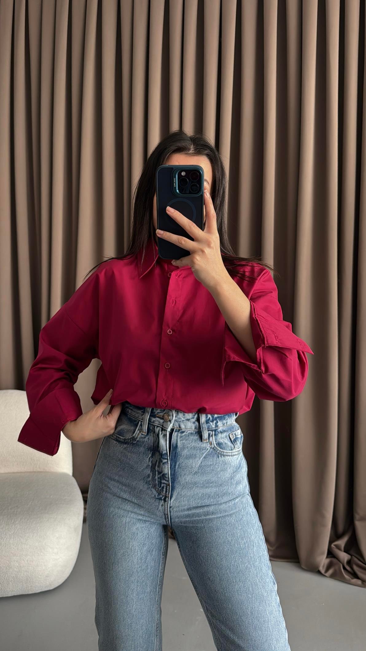 Bordo Oversize Poplin Gömlek 