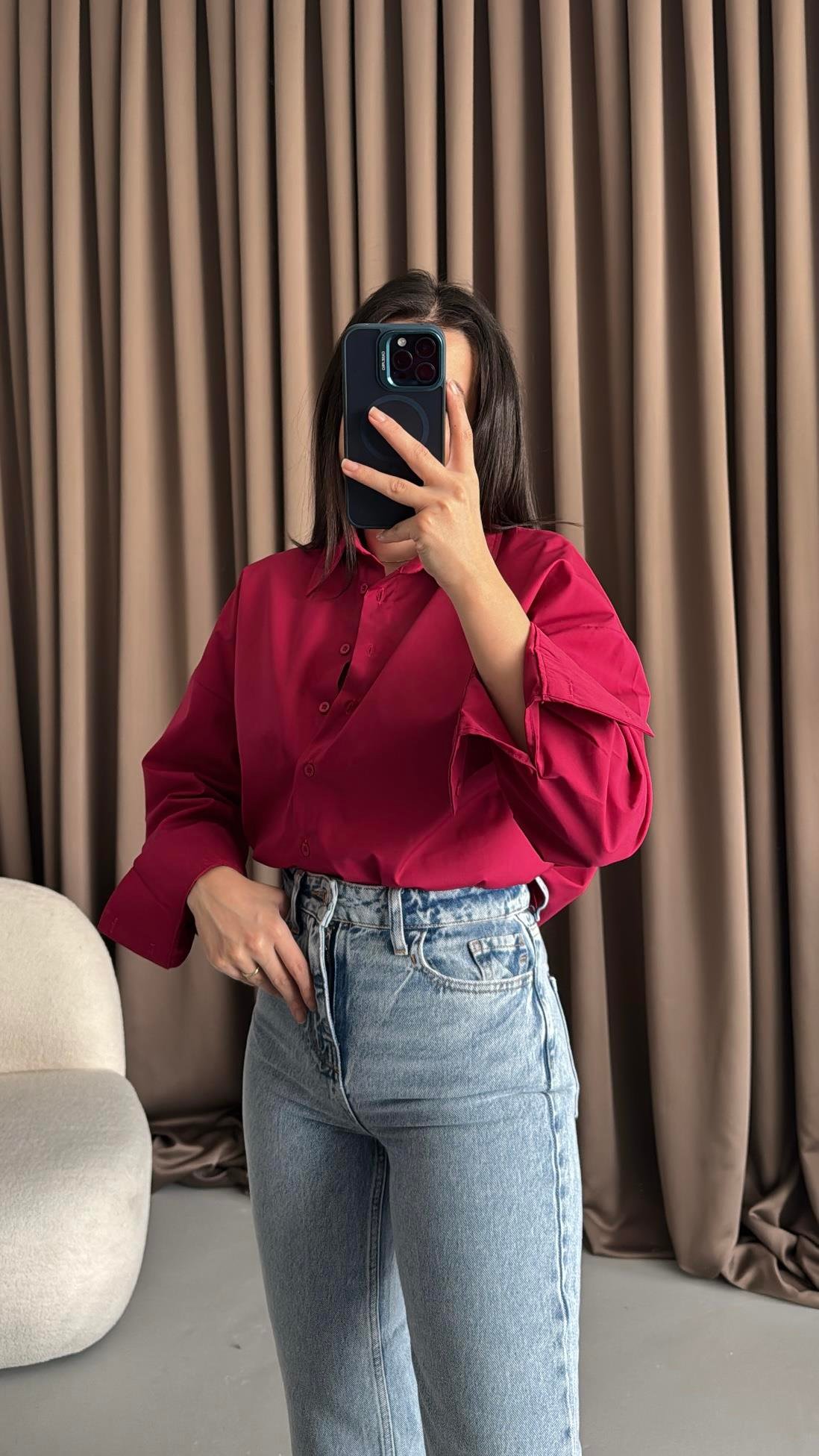 Bordo Oversize Poplin Gömlek 