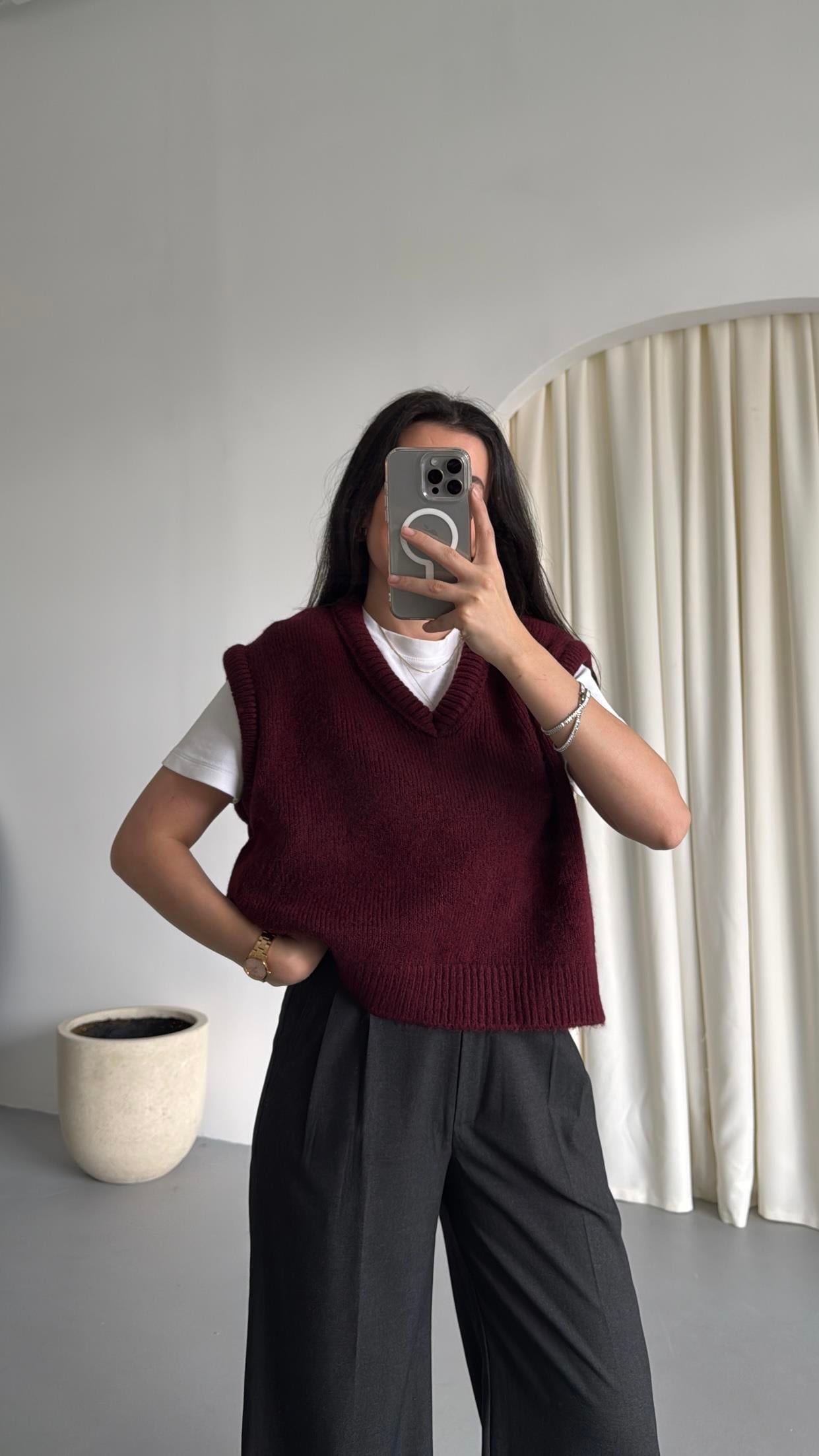 Bordo V Yaka Triko Süveter