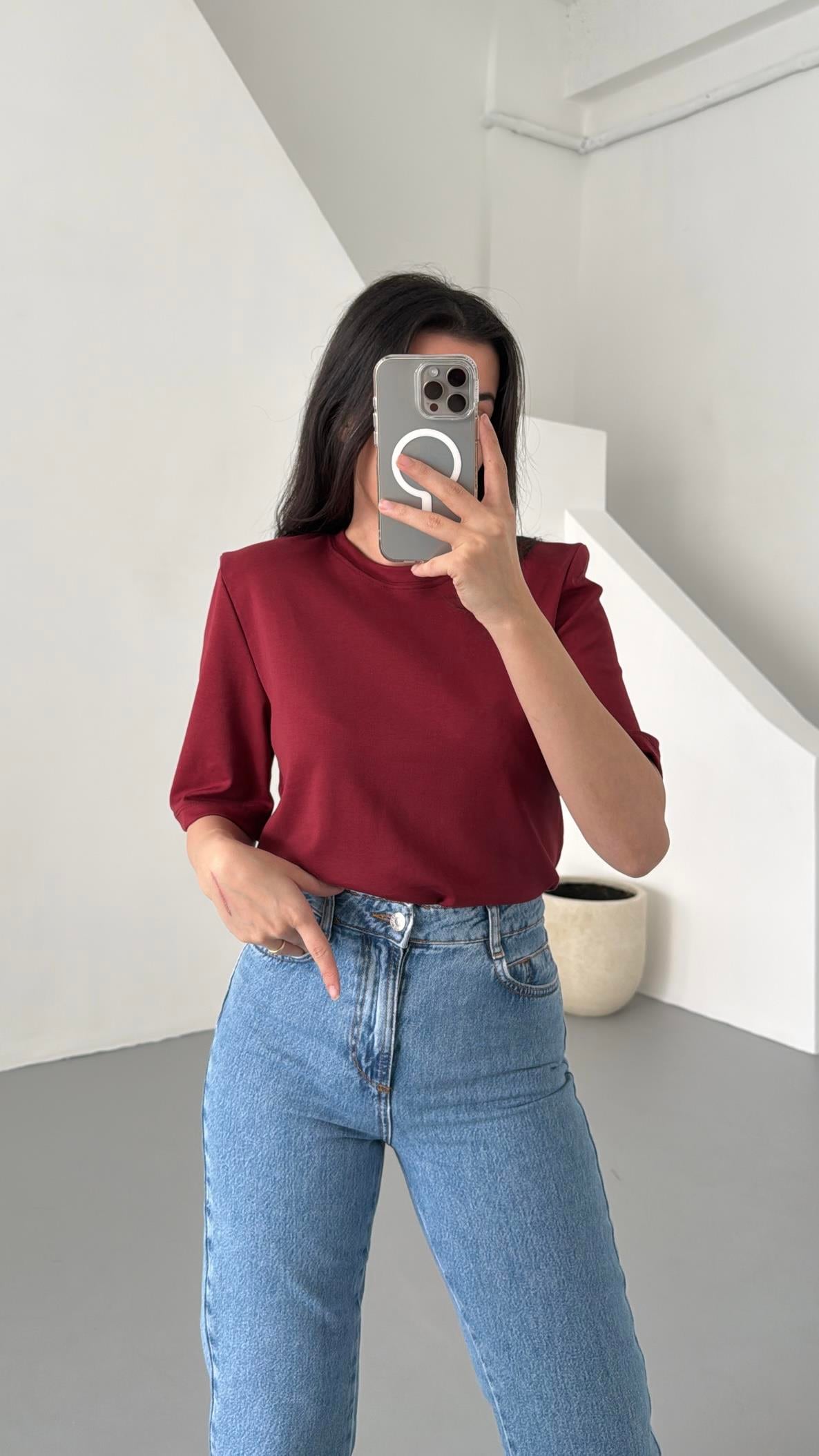 Bordo Vatkalı Basıc Tişört