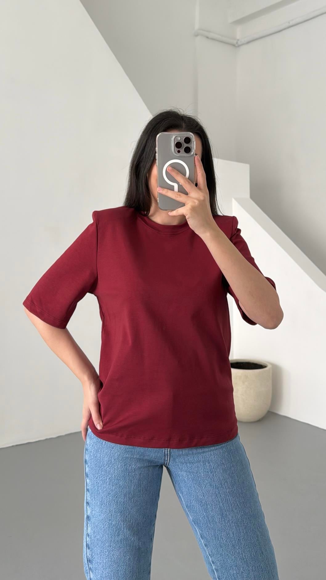 Bordo Vatkalı Basıc Tişört