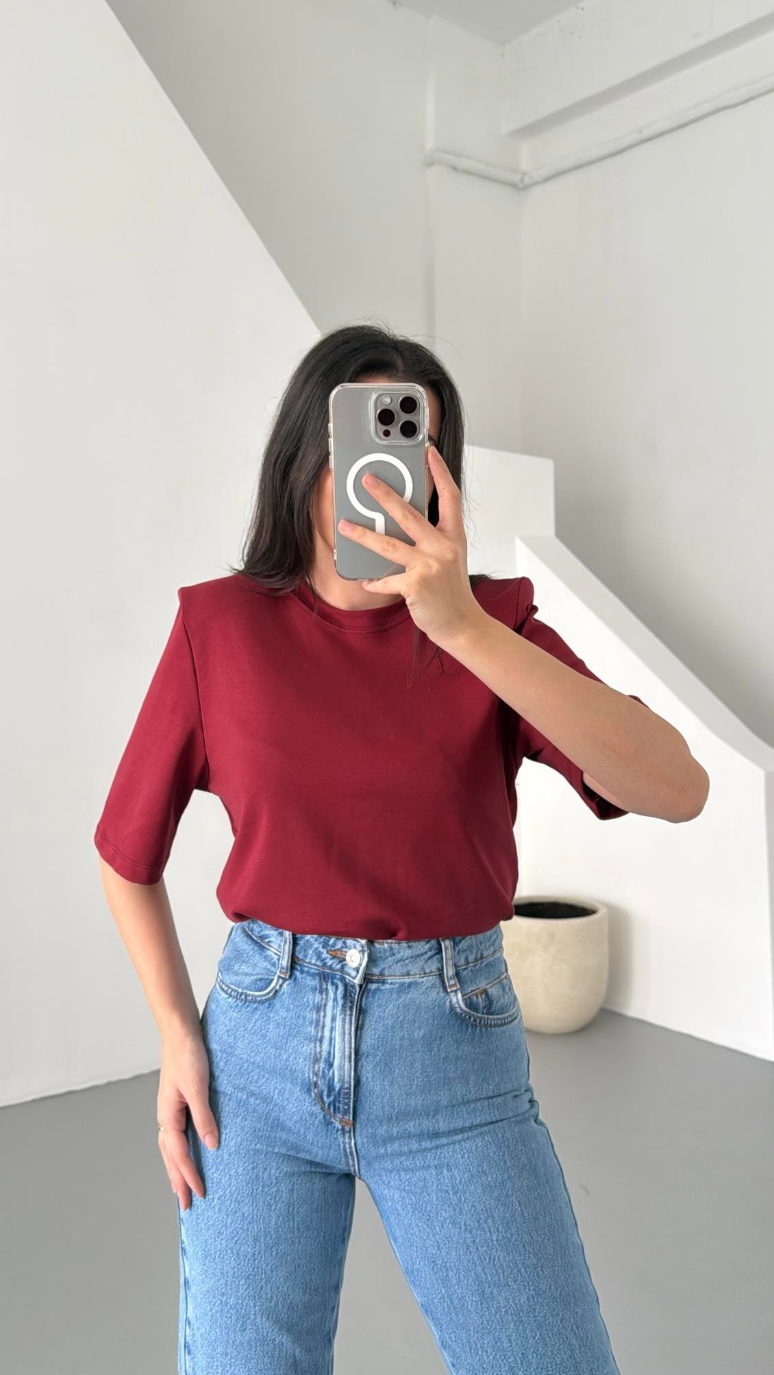 Bordo Vatkalı Basıc Tişört