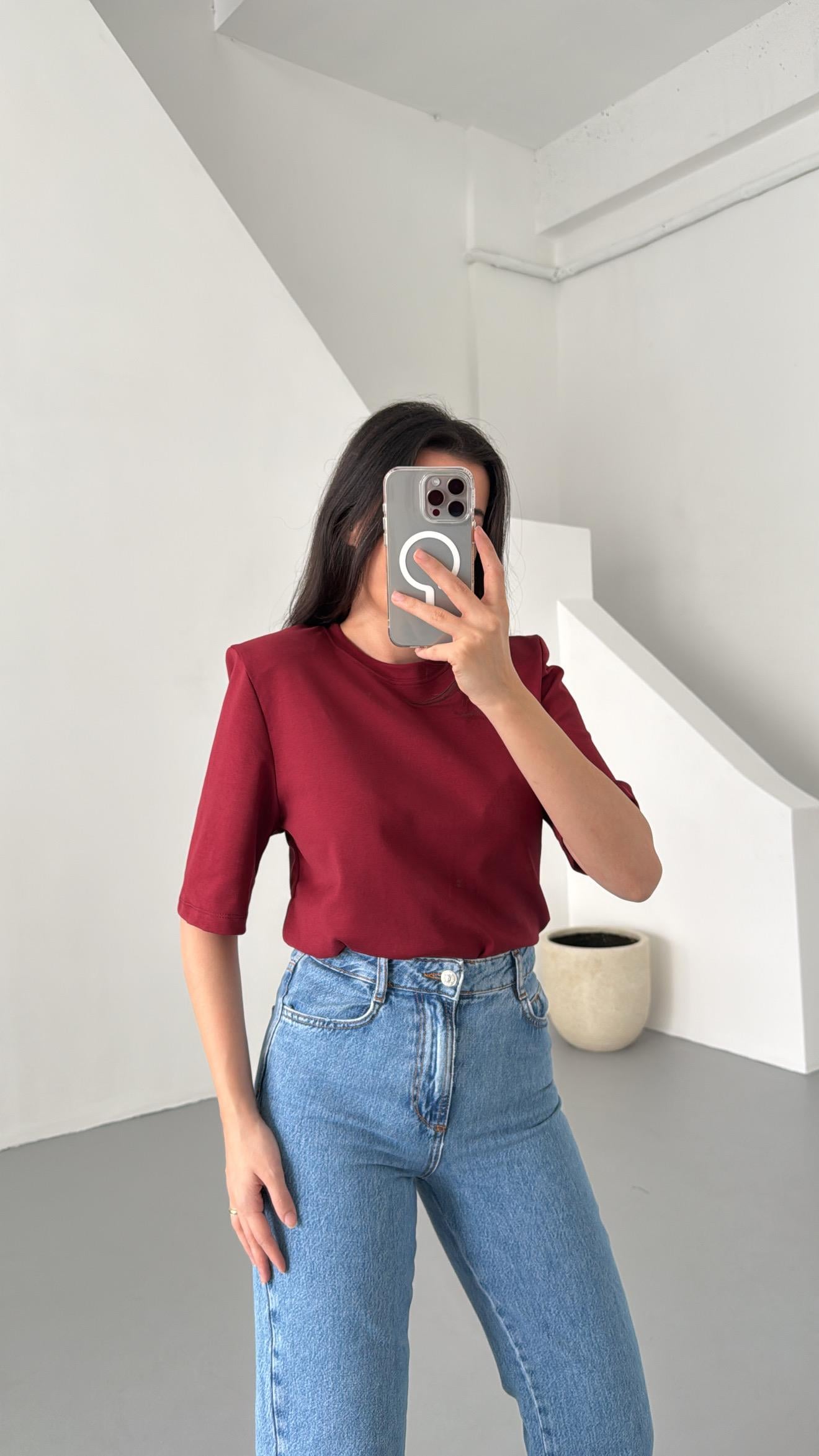 Bordo Vatkalı Basıc Tişört