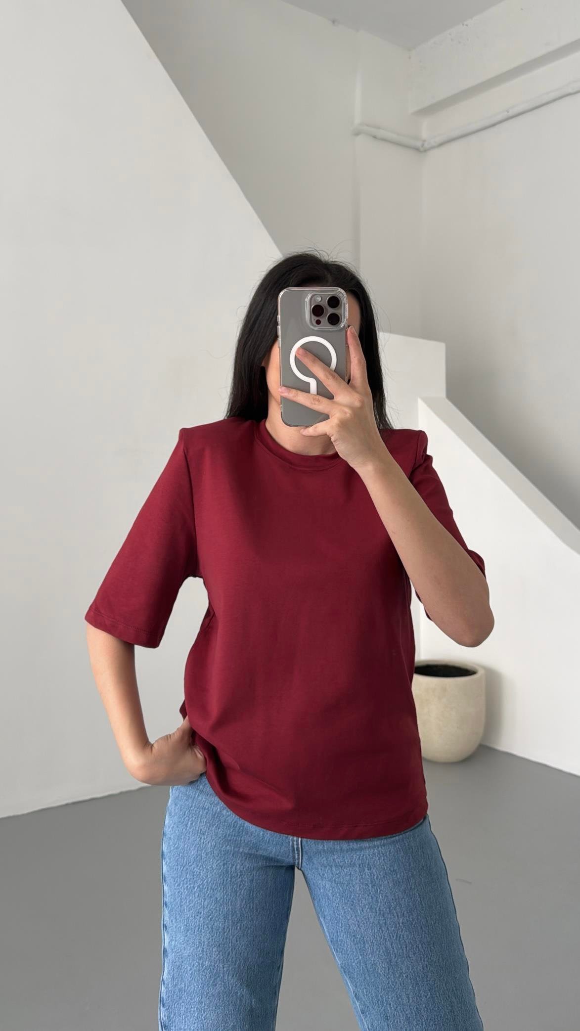 Bordo Vatkalı Basıc Tişört