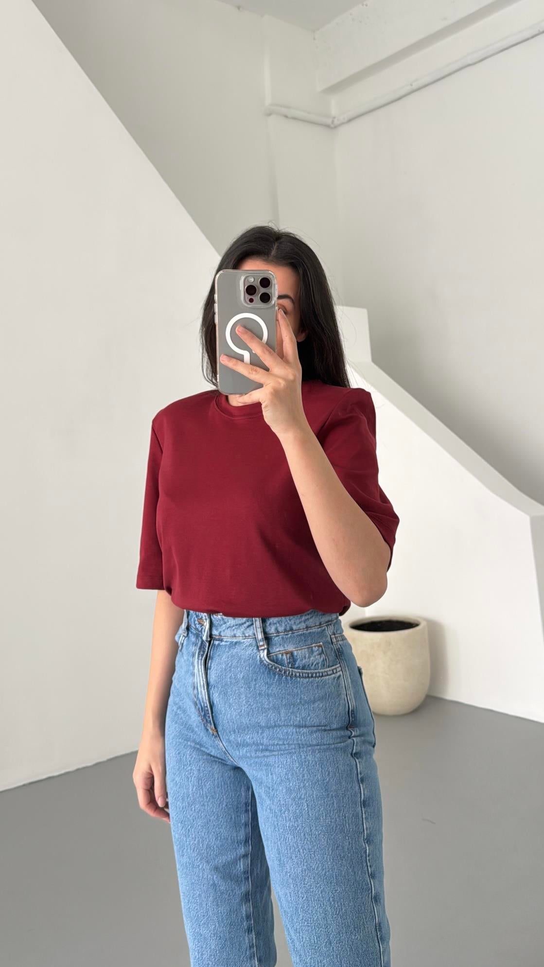 Bordo Vatkalı Basıc Tişört