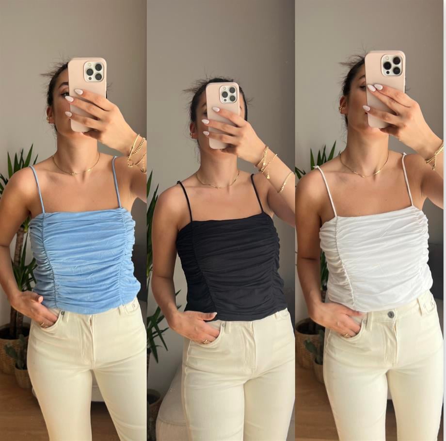 BÜZGÜLÜ İP ASKI BLUZ