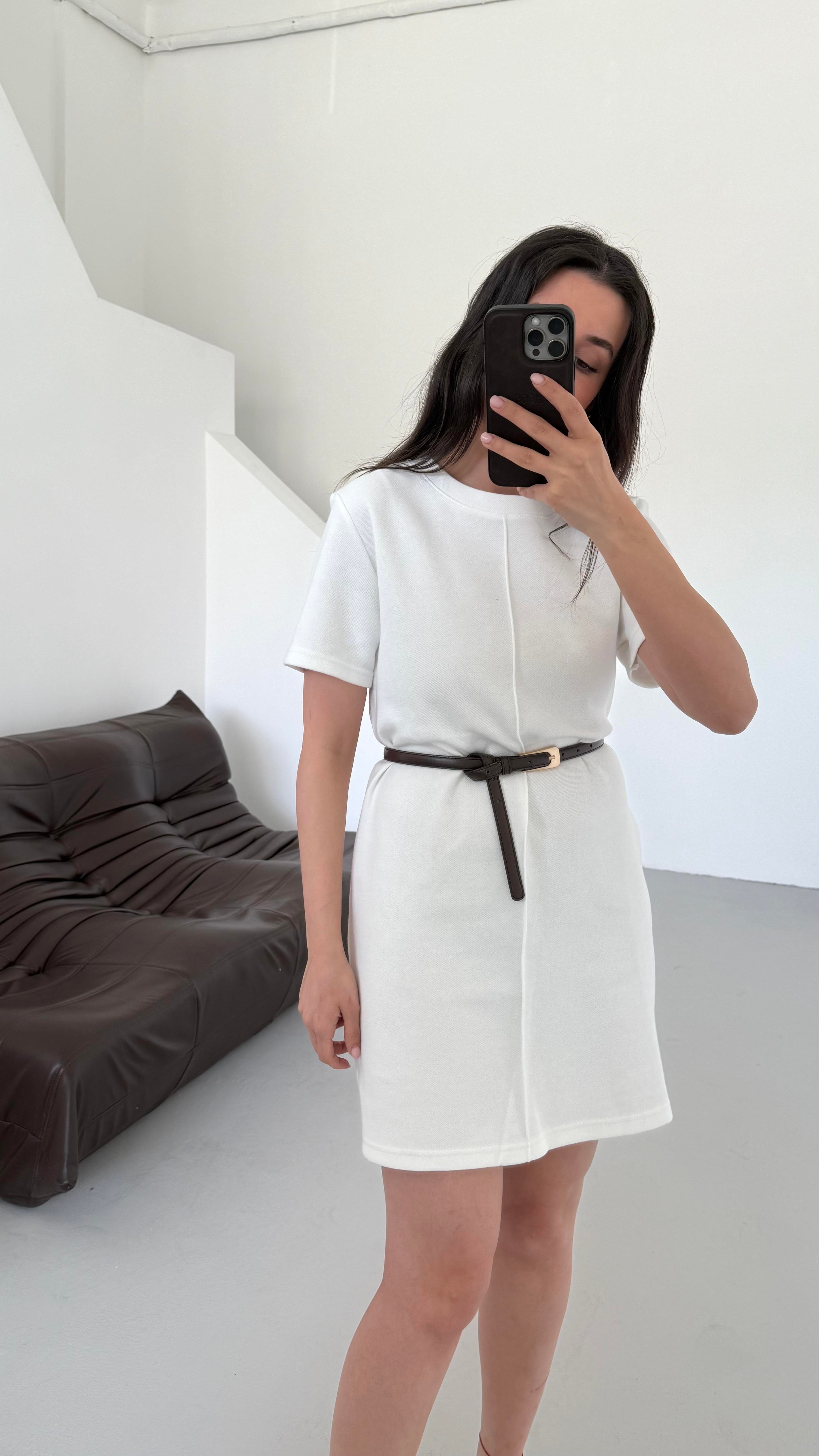 Cas Beyaz Dokulu Basıc Elbise