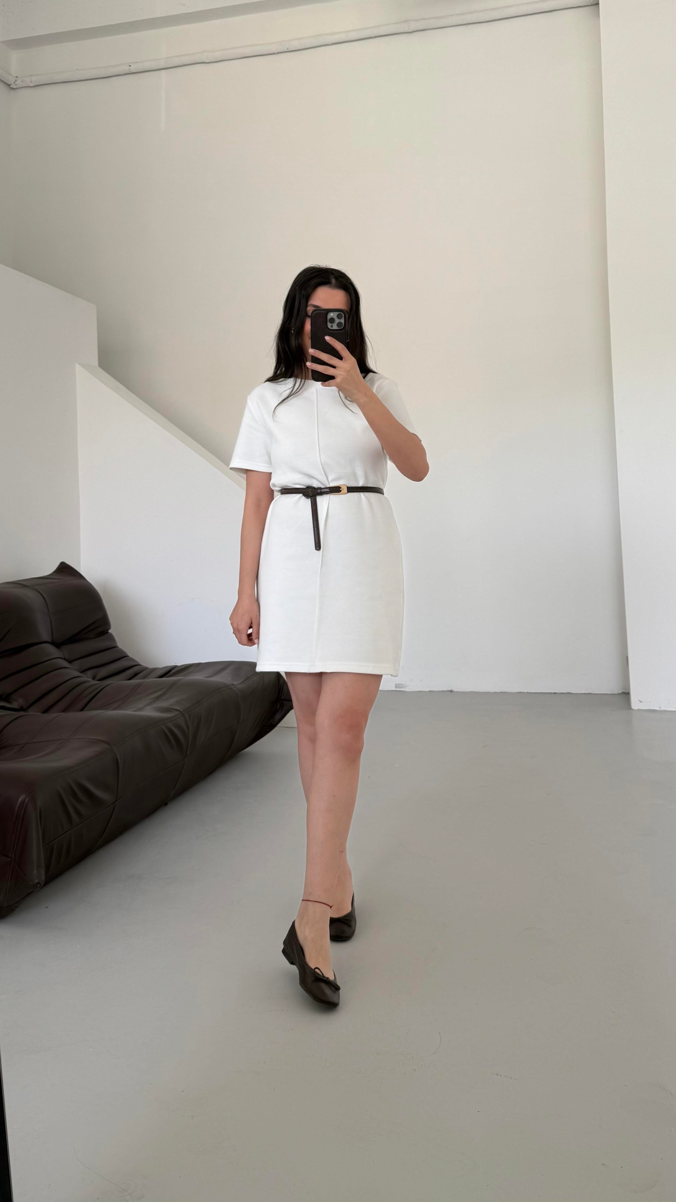 Cas Beyaz Dokulu Basıc Elbise