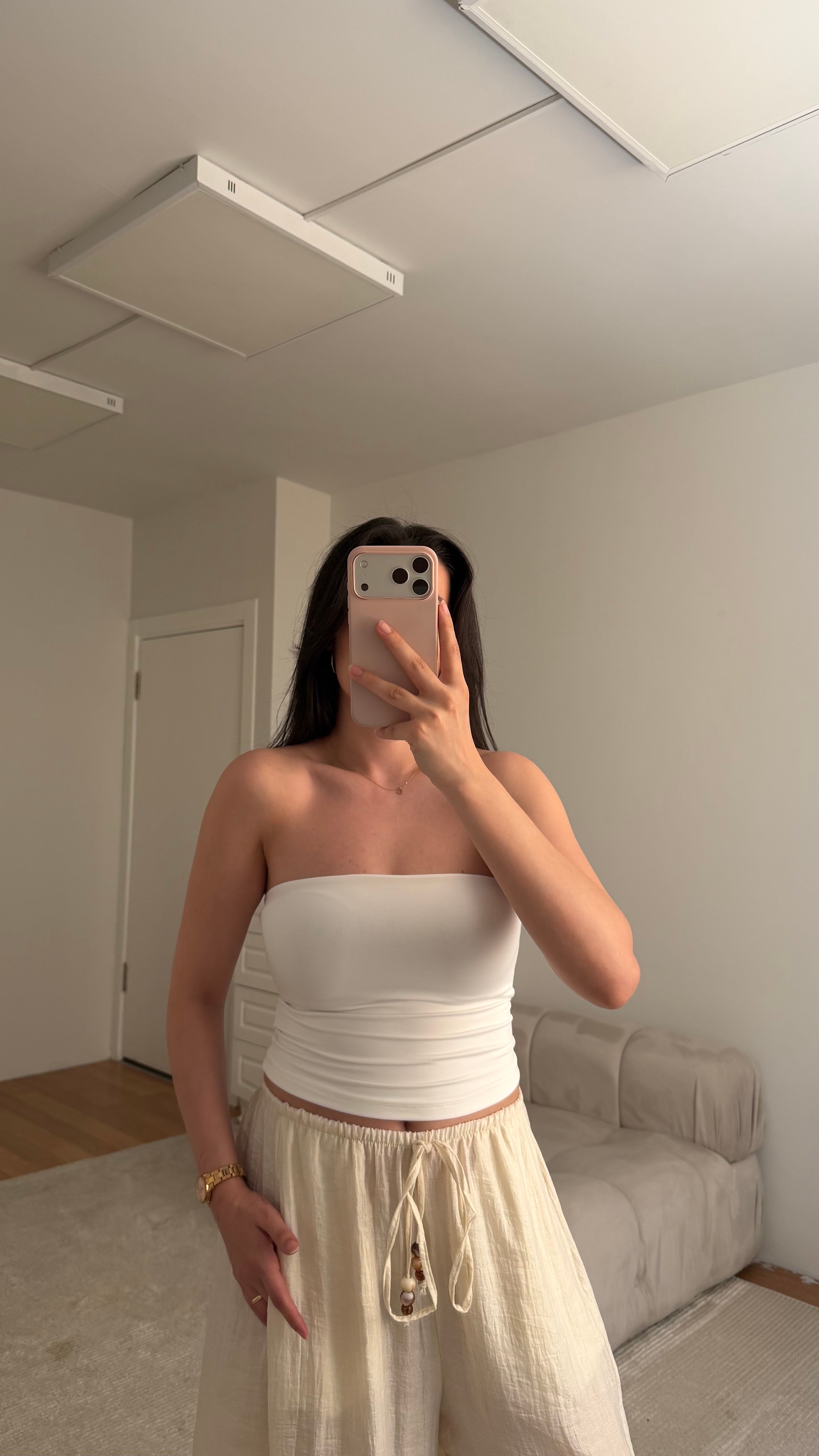 Çift Katlı Beyaz Straplez Crop
