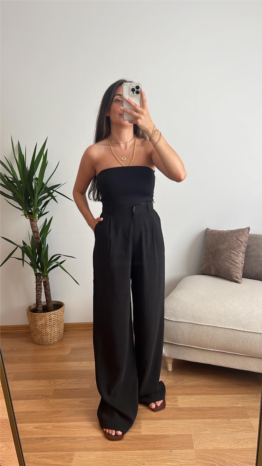 Çift Katlı Siyah Straplez Crop