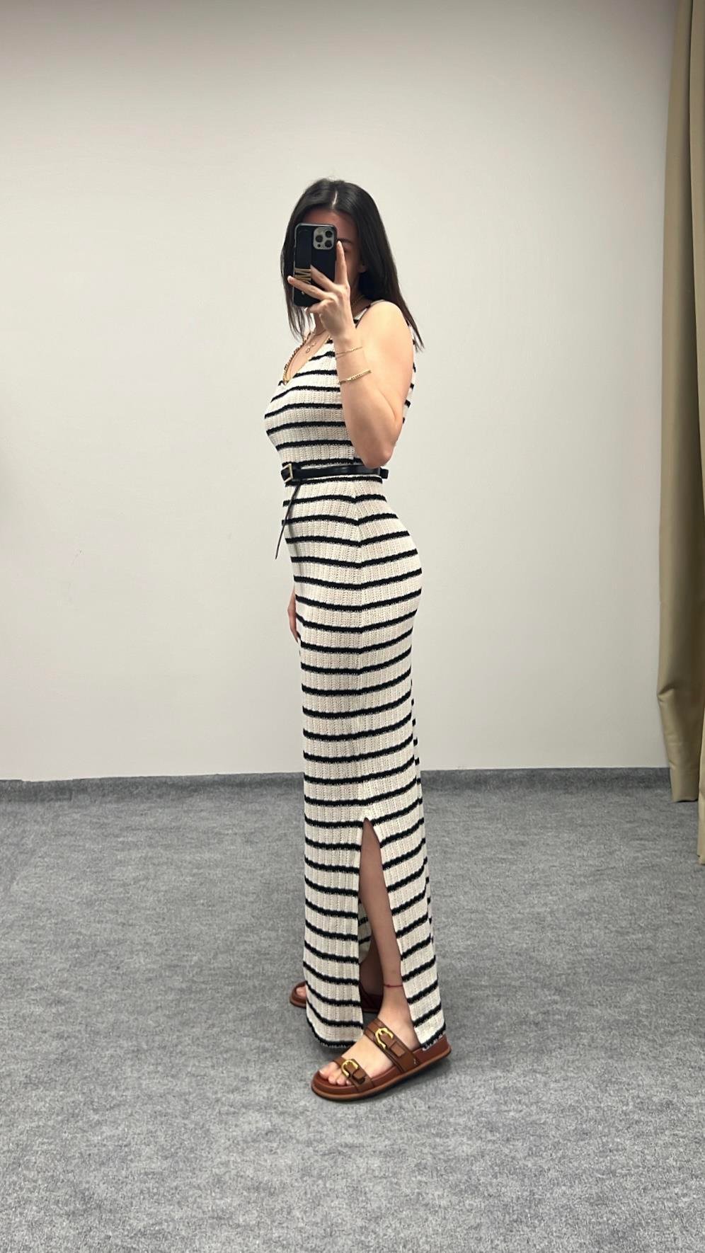 ÇİZGİLİ TRİKO ÖRME ELBİSE