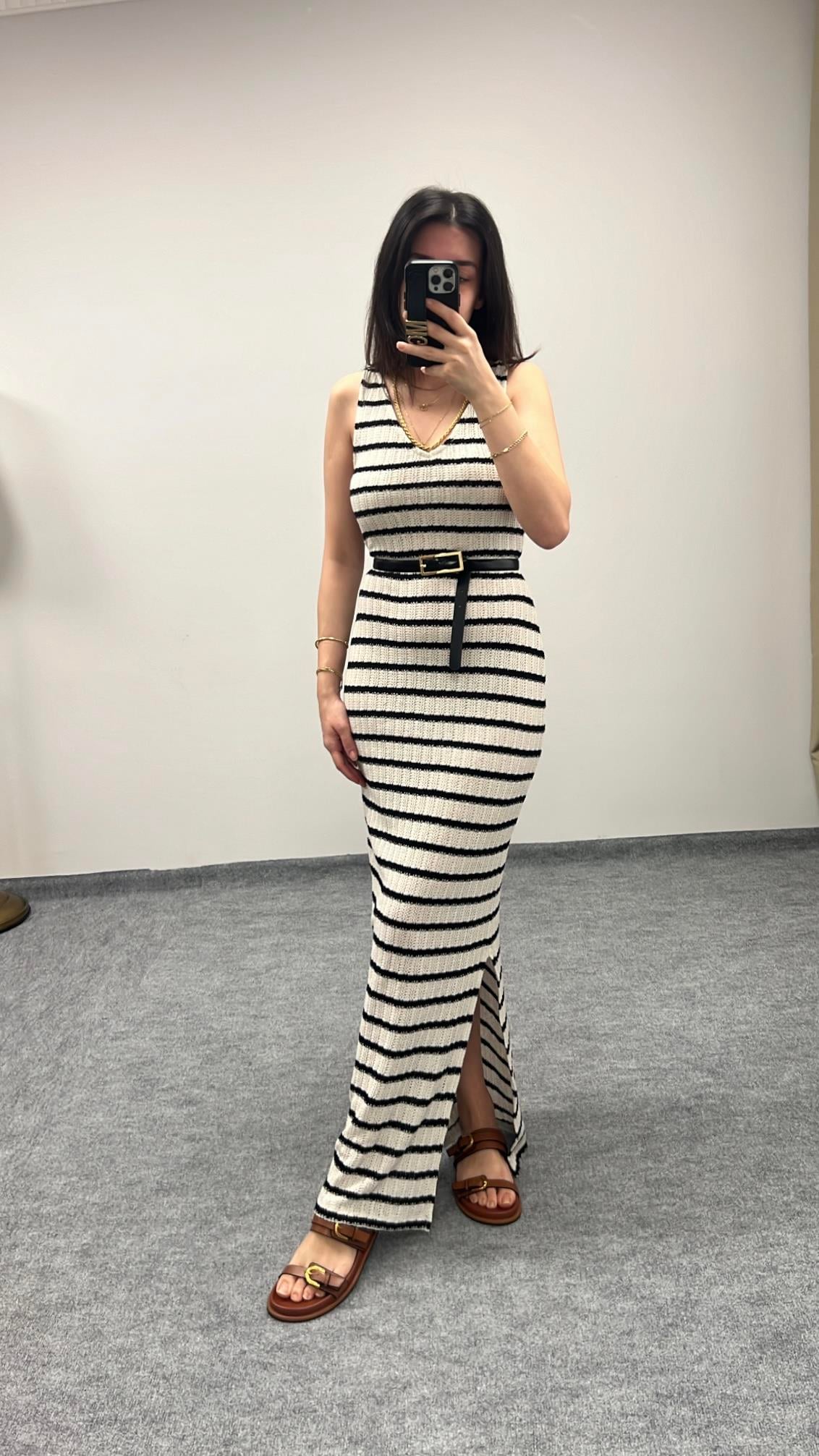 ÇİZGİLİ TRİKO ÖRME ELBİSE