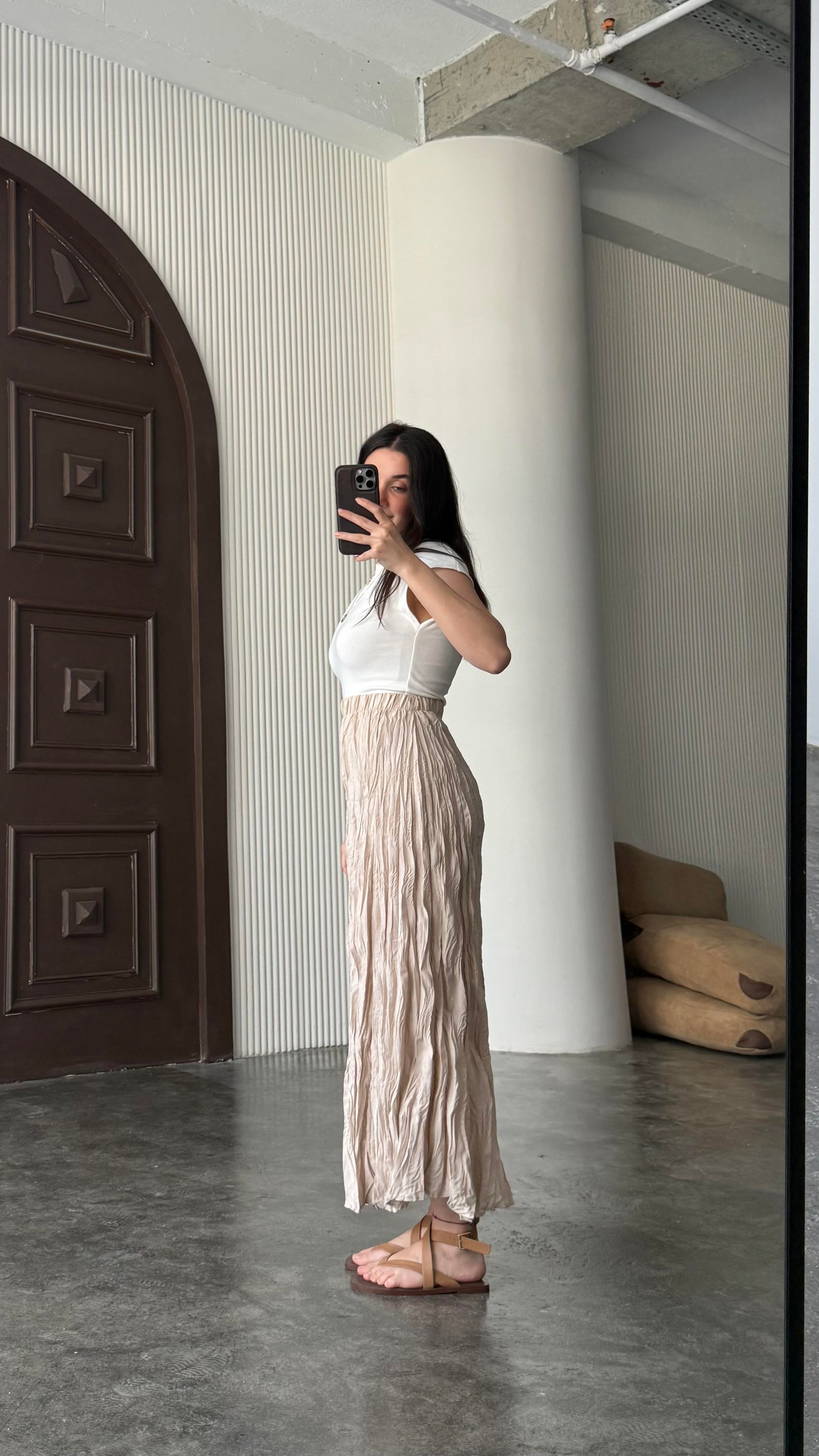 Crush Kırışık Efektli Midi Etek