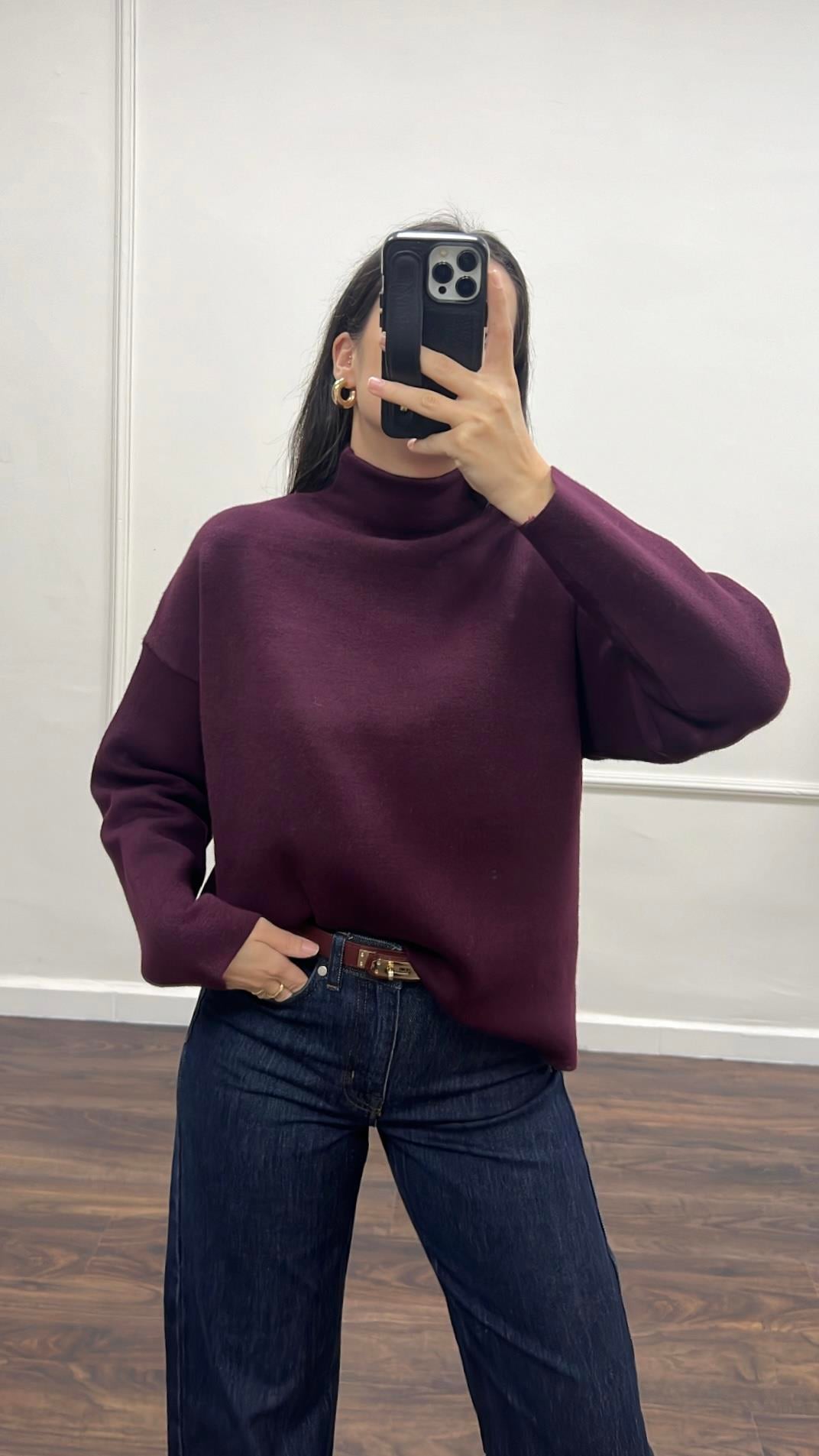 Dik Yaka Viskon Örme Çift Katlı Triko Kazak