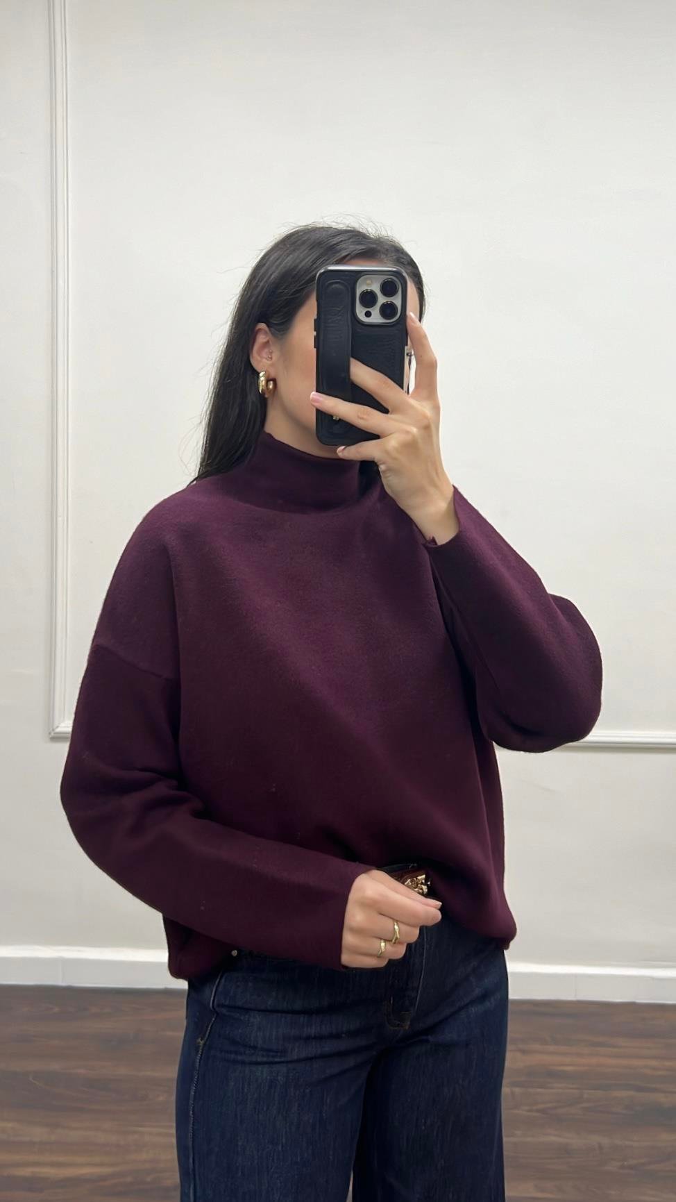 Dik Yaka Viskon Örme Çift Katlı Triko Kazak