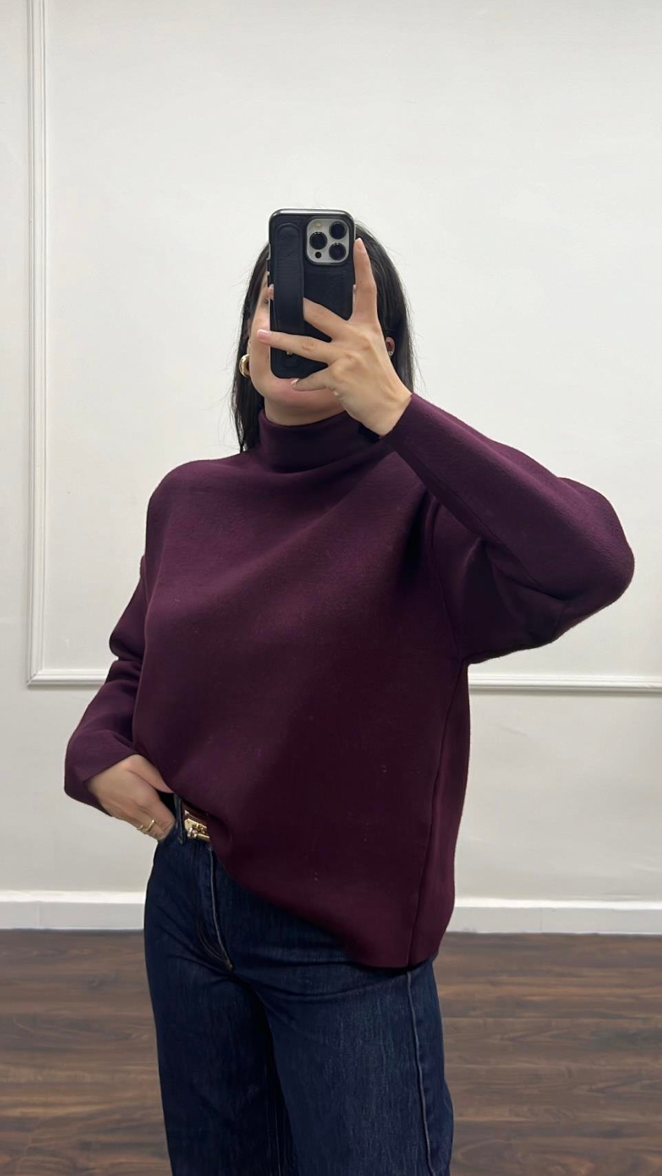 Dik Yaka Viskon Örme Çift Katlı Triko Kazak