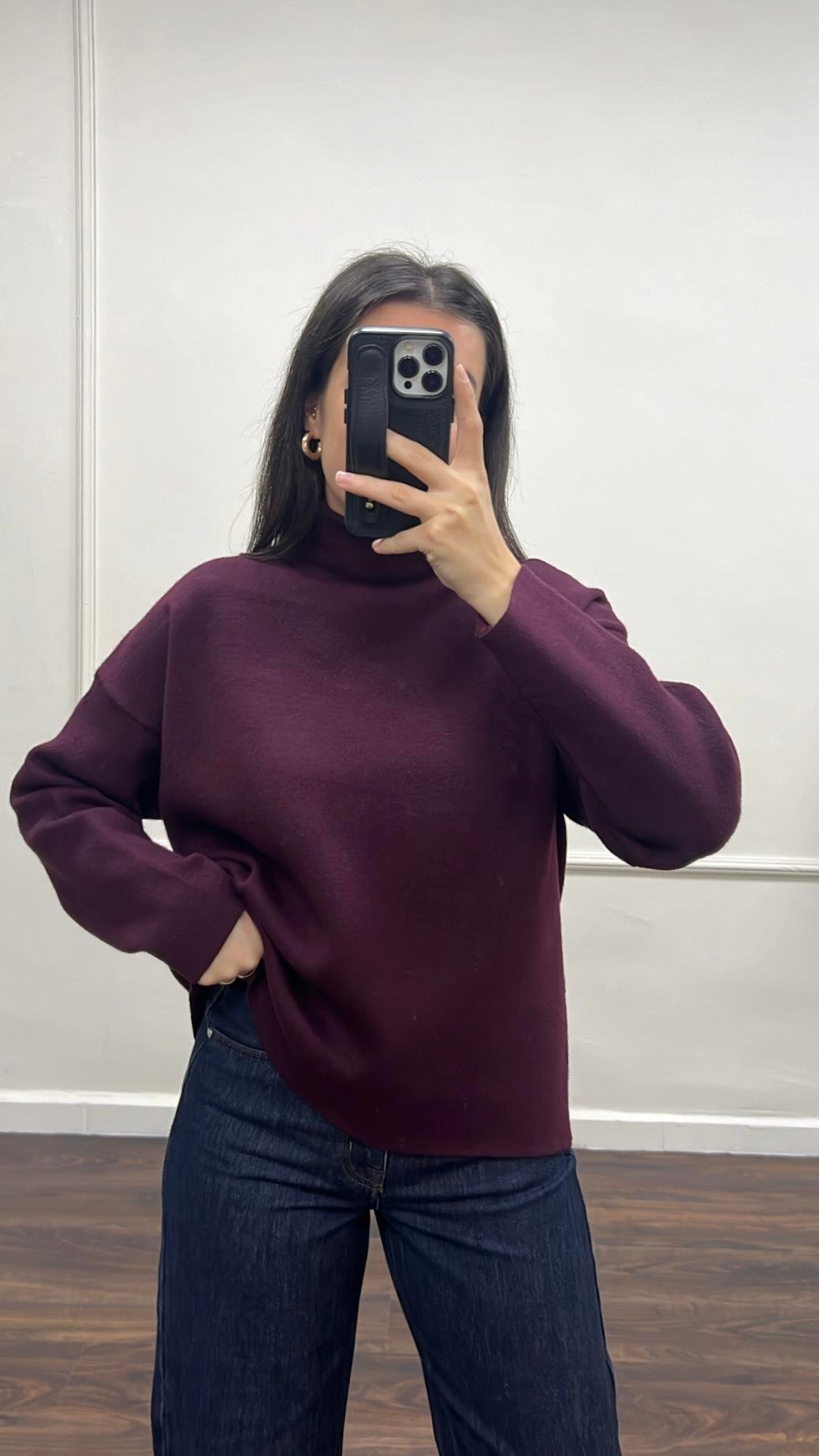 Dik Yaka Viskon Örme Çift Katlı Triko Kazak