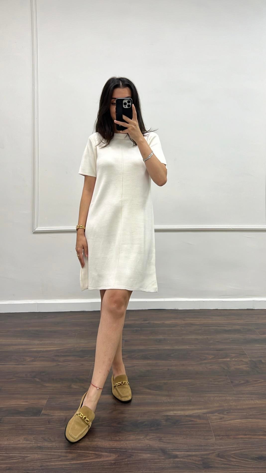 Dina Ekru Basıc Triko Elbise