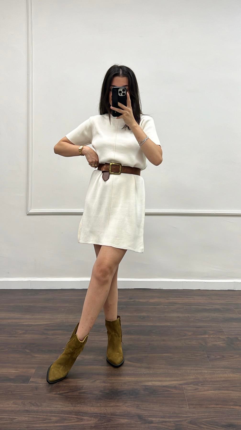 Dina Ekru Basıc Triko Elbise