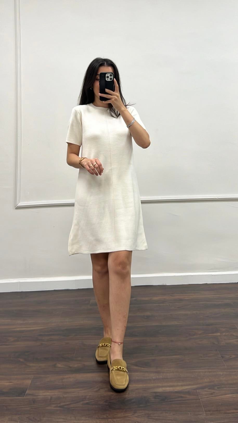 Dina Ekru Basıc Triko Elbise