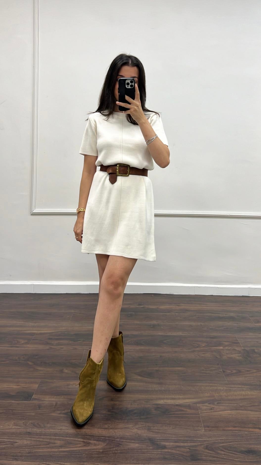 Dina Ekru Basıc Triko Elbise