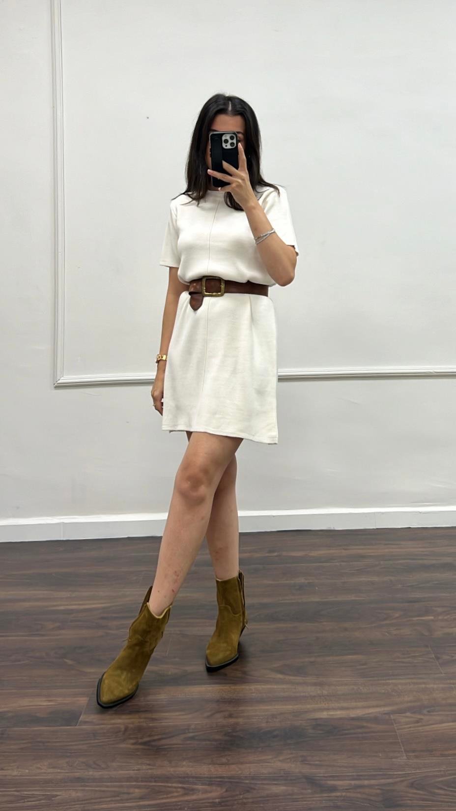 Dina Ekru Basıc Triko Elbise