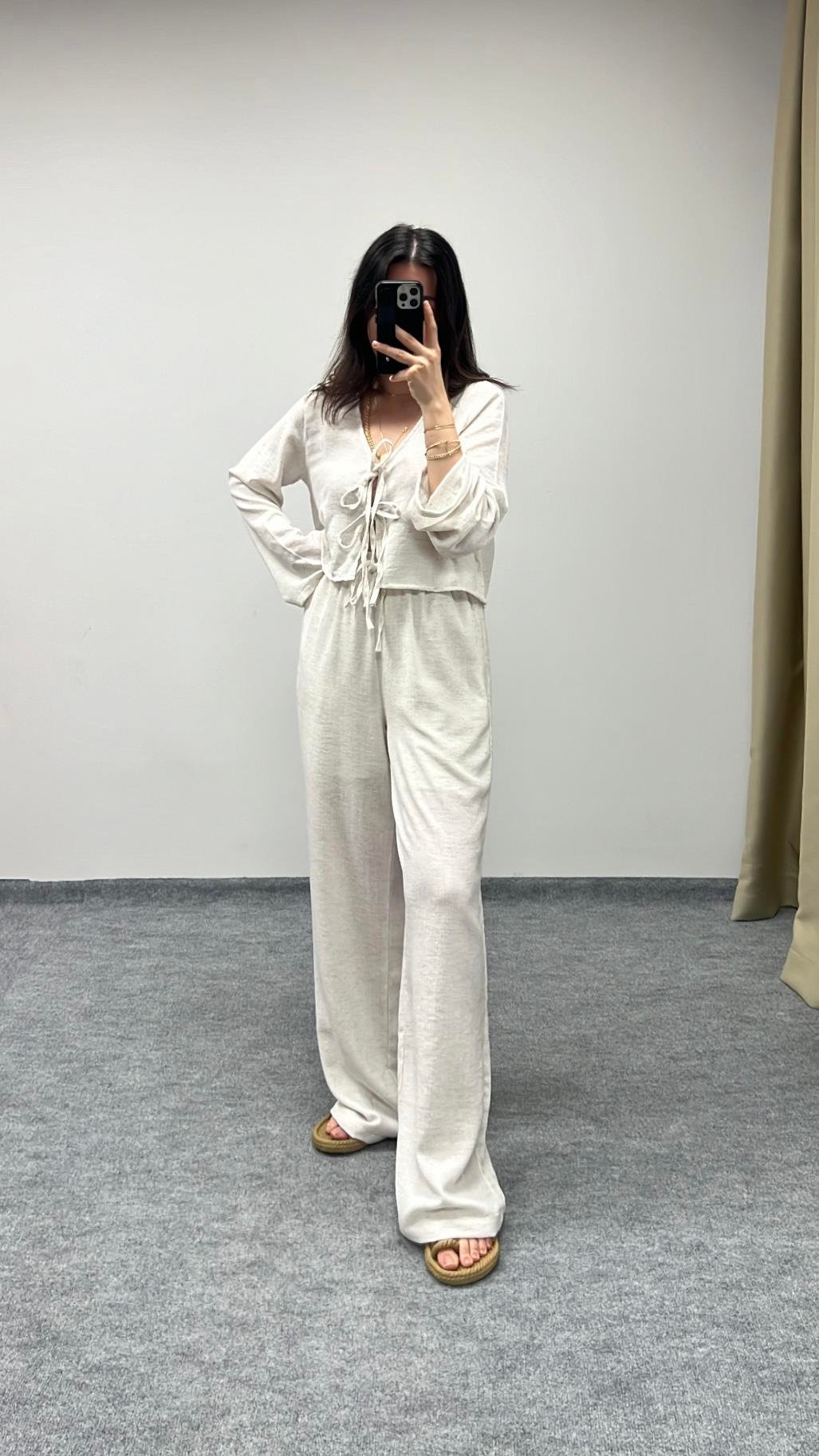 Duk Bağcıklı Bluz Pantolon Takım