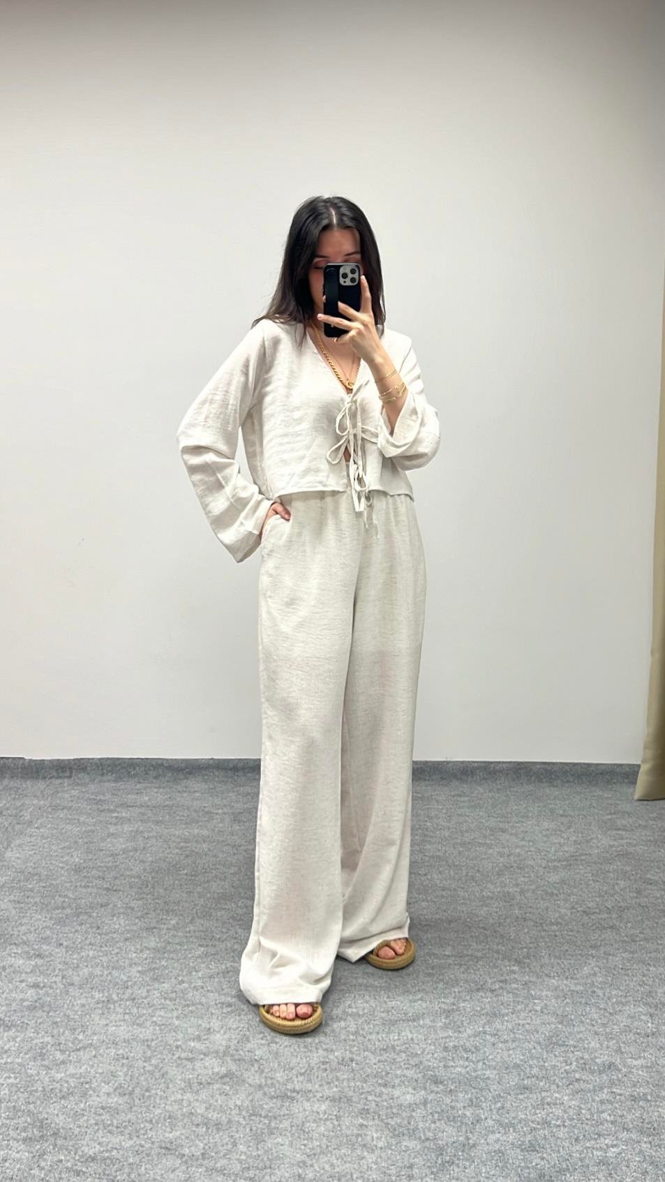 Duk Bağcıklı Bluz Pantolon Takım