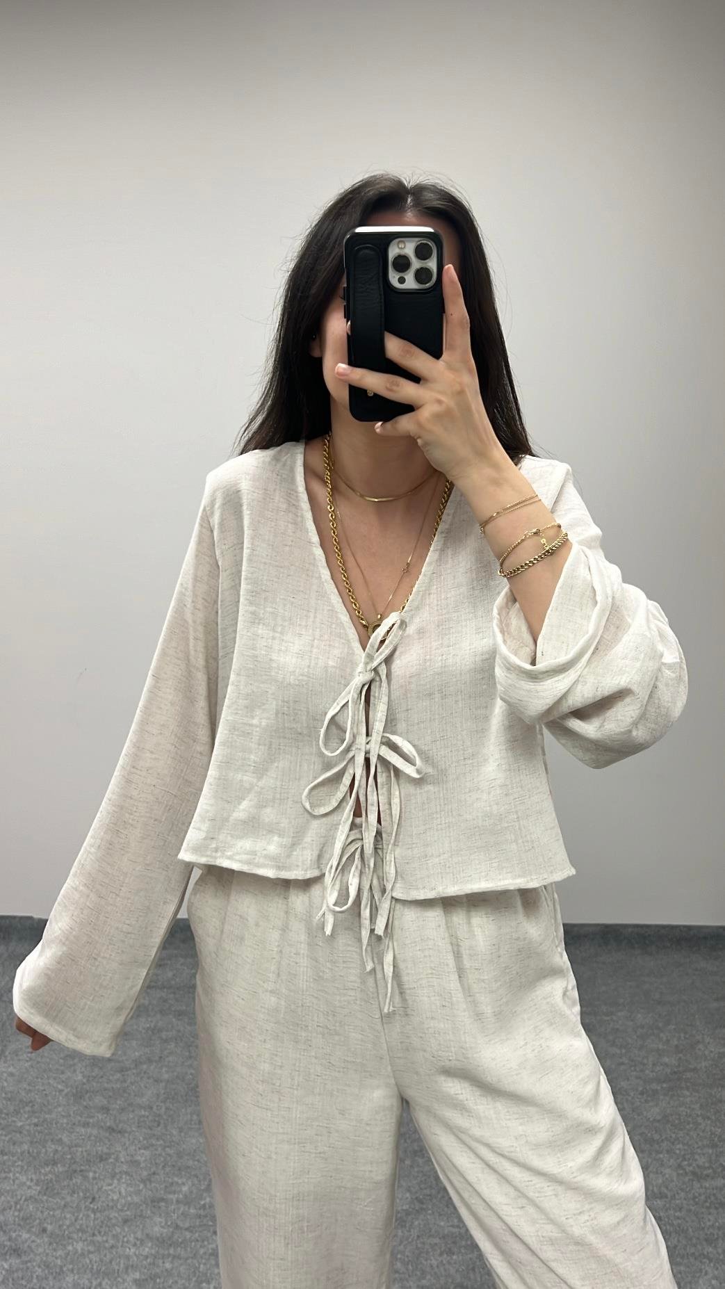 Duk Bağcıklı Bluz Pantolon Takım