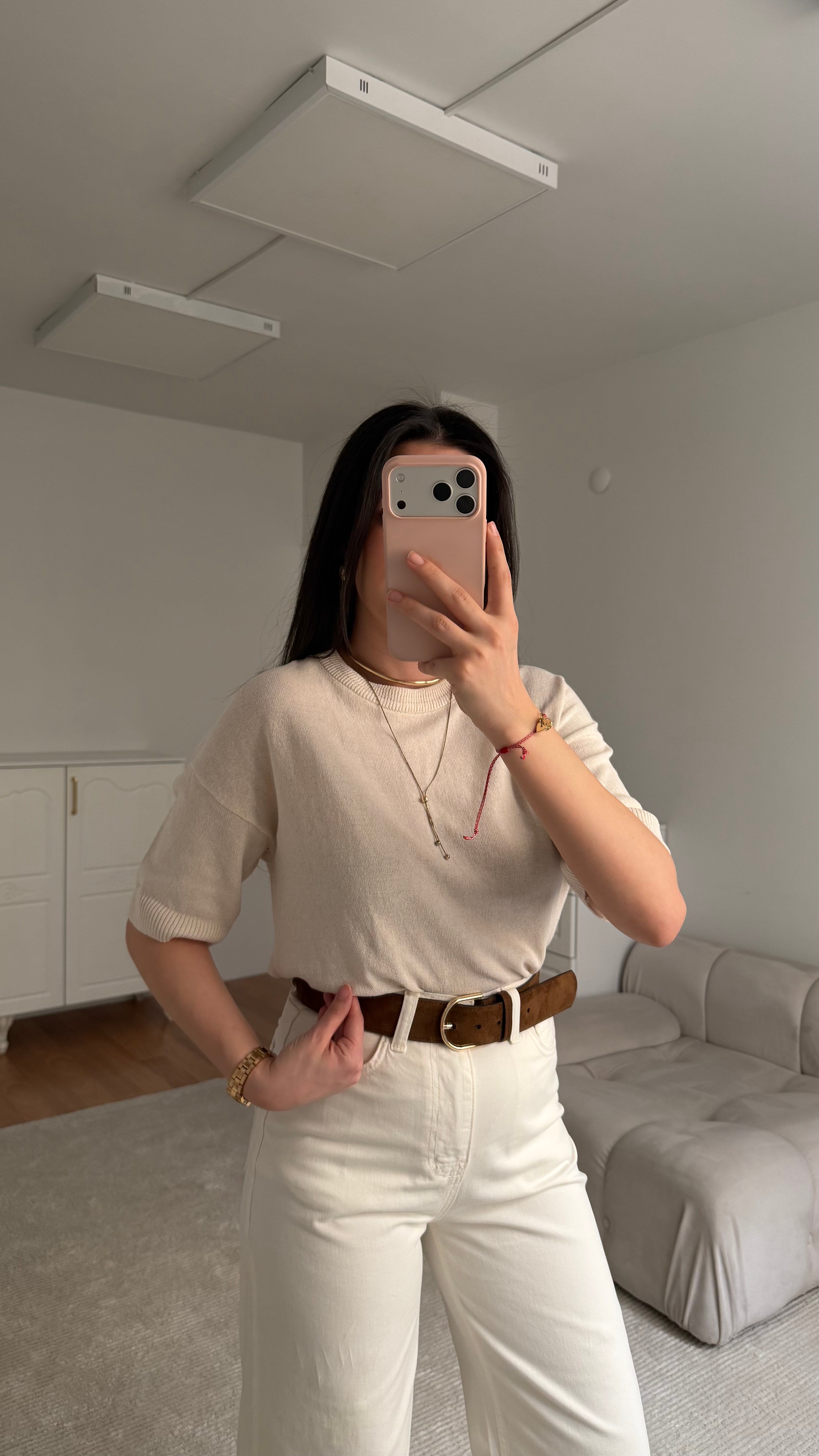 Ekru Bisiklet Yaka Ham Keten Kısa Kol Triko