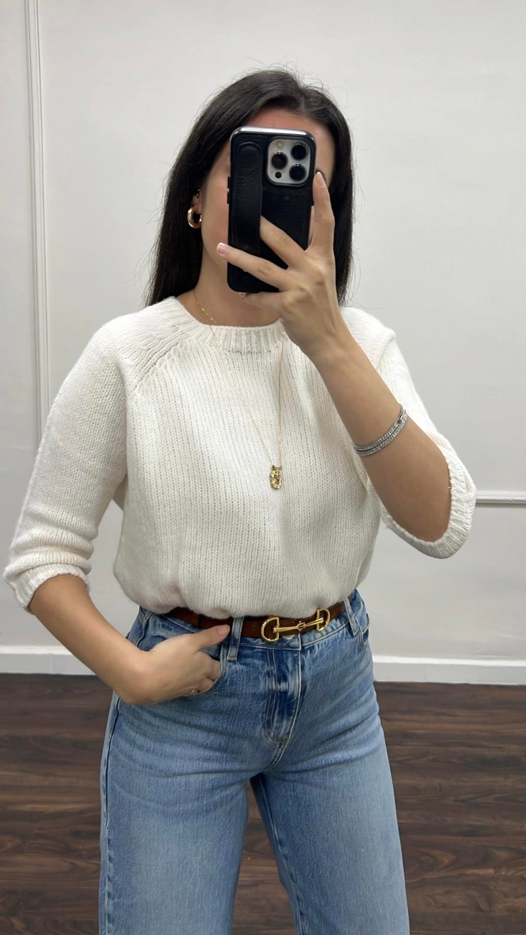 Ekru Fakir Kol Basıc Triko Bluz