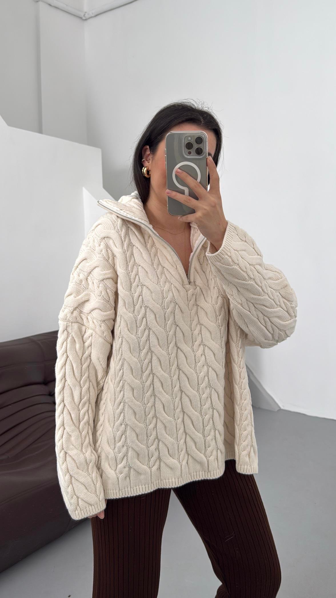 Ekru Fermuarlı Saç Örme Kazak